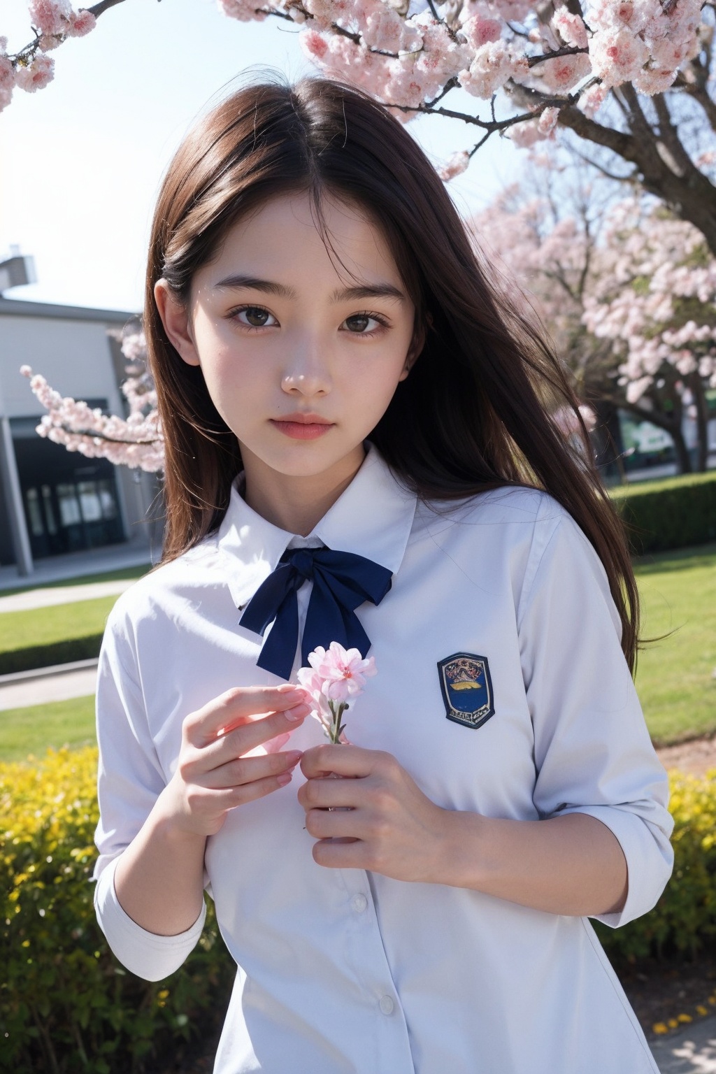 1girl,upper body,outdoor,school uniform,blossoms,falling_petals,