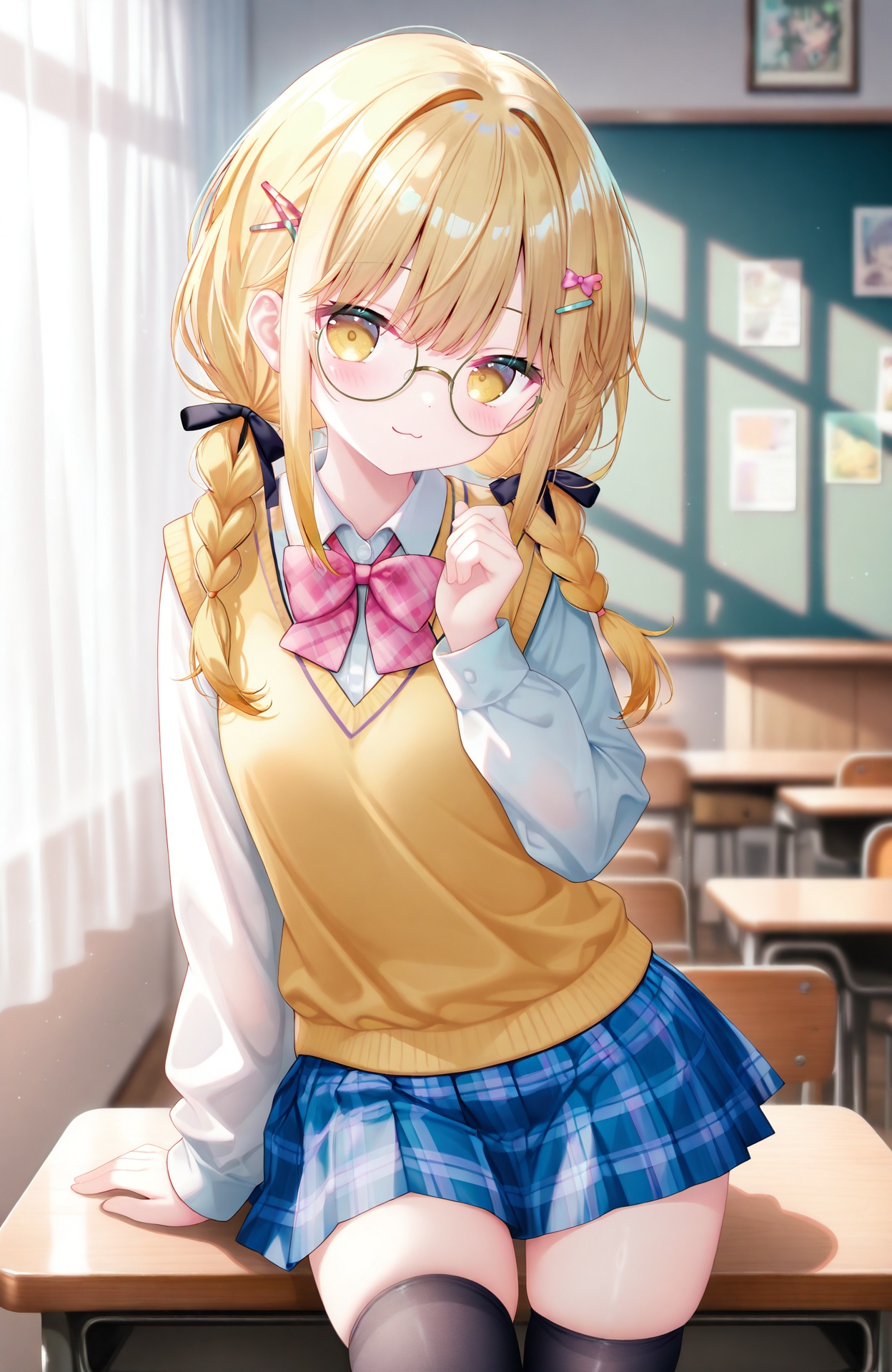 masterpiece,absurdres,best quality,petite,high quality,blurry,depth_of_field,//,fujita kotone,1girl,blonde_hair,solo,skirt,braid,thighhighs,plaid,yellow_eyes,glasses,twin_braids,shirt,looking_at_viewer,white_shirt,hair_ornament,long_sleeves,bow,black_thighhighs,plaid_bow,plaid_skirt,bowtie,sweater_vest,long_hair,plaid_bowtie,hairclip,pink_bowtie,pink_bow,blush,ribbon,school_uniform,zettai_ryouiki,hair_ribbon,pleated_skirt,black_ribbon,twintails,smile,collared_shirt,closed_mouth,blurry_background,skindentation,indoors,:3,blue_skirt,round_eyewear,curtains,blurry,miniskirt,thighs,arm_support,//,eip_(pepai),hoshi_(snacherubi),(mafuyu_(chibi21):0.56),(paruno:0.7),torino,(chen_bin:0.7),(koh_rd:0.5),(ling_dianxia:0.4),omone_hokoma_agm,(kamue:0.5),(Torino aqua:0.7),//,<lora:MAQ——【CKXL测试】hans:0.25>,<lora:TwinBox2——【CKXL】hans:0.4>,<lora:nyalia——【CKXL测试】hans:0.4>,