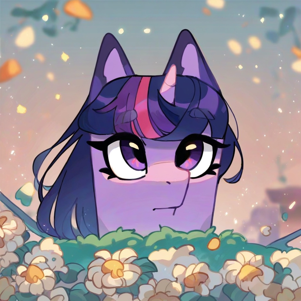 safe_pos, score_9, score_8_up, score_7_up, score_6_up, score_5_up, score_4_up, source_furry, hi res, blurred background, particles, solo, Twilight Sparkle, looking at viewer, closed mouth, Bluey style