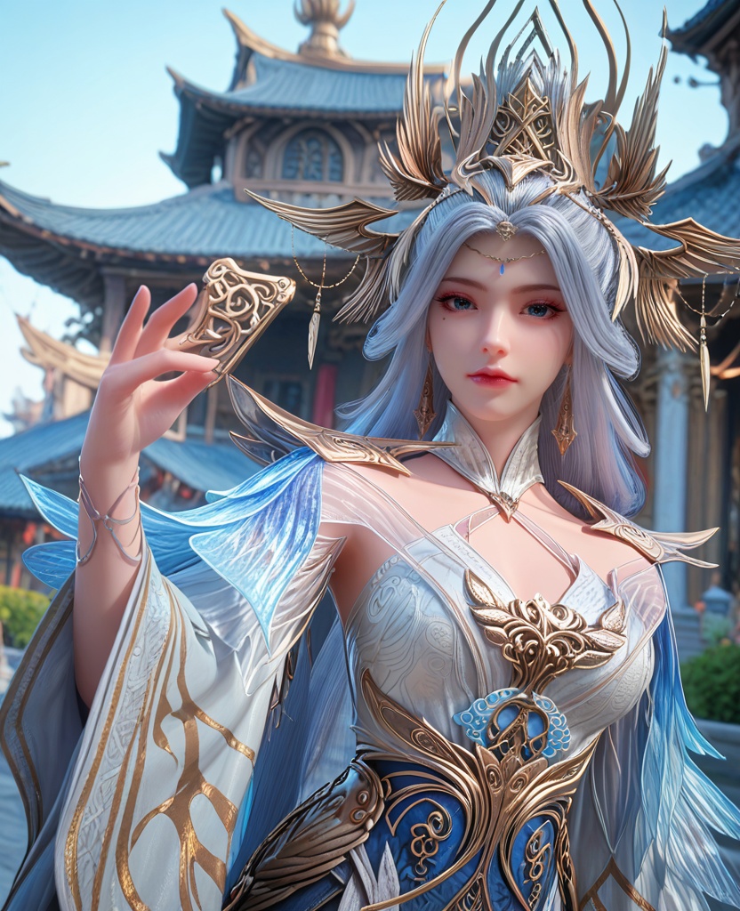 (oriental architecture, elegant decor, sophisticated style:1.1),(Floating, with a hand extended forward and eyes closed, she appears to be a source of inspiration, transcending earthly bounds:1.1),(breasts:1.2),<lora:XL百炼成神宁雨蝶spur:0.9>,miss ningyudie,silver paired with blue dress,sash,blue shawl sleeves,side slit,mole under right eye,forehead pendan,eyelashes,blue eyes,white hair,long hair,headdress,wide sleeves,hair bun,slender legs,jewelry,earrings,, zPDXL2, score_9, score_8_up, score_7_up BREAK realistic, masterpiece,best quality, highly detailed,, zPDXL3, zPDXL2,zPDXL, zPDXLxxx, zPDXLrl,