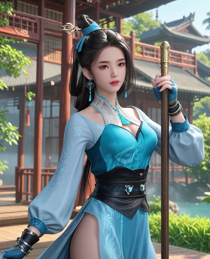 (oriental architecture, elegant decor, sophisticated style:1.1),(Standing, hand on a tree or pole,:1.1),(breasts:1.2),<lora:XLCG师兄蓝灵娥:0.95>,miss lanlinge,blue dress,brown eyes,black hair,low-tied long hair,hair ornament,hair bun,sash,puffy sleeves,fingerless gloves,earrings,jewelry,, score_9,score_8_up,score_7_up,score_6_up,score_5_up,score_4_up,3d rendering,tag1,tag2, Cinematic Lighting,backlighting,