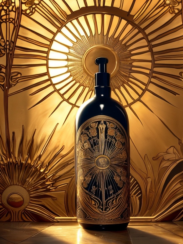 <lora:阳光浮雕包装容器_V1:1>,A luxurious cosmetic bottle with an intricate Art Nouveau-inspired sun relief background,showcasing smooth reflective surfaces and detailed embellishments,exuding elegance and early 20th-century artistic charm,high-quality full shot body photo of a sophisticated art nouveau inspired cosmetic bottle against a luxurious sun relief backdrop,polished surface,delicate patterns,flowing lines,noble and elegant scene,early 20th century art ambiance,