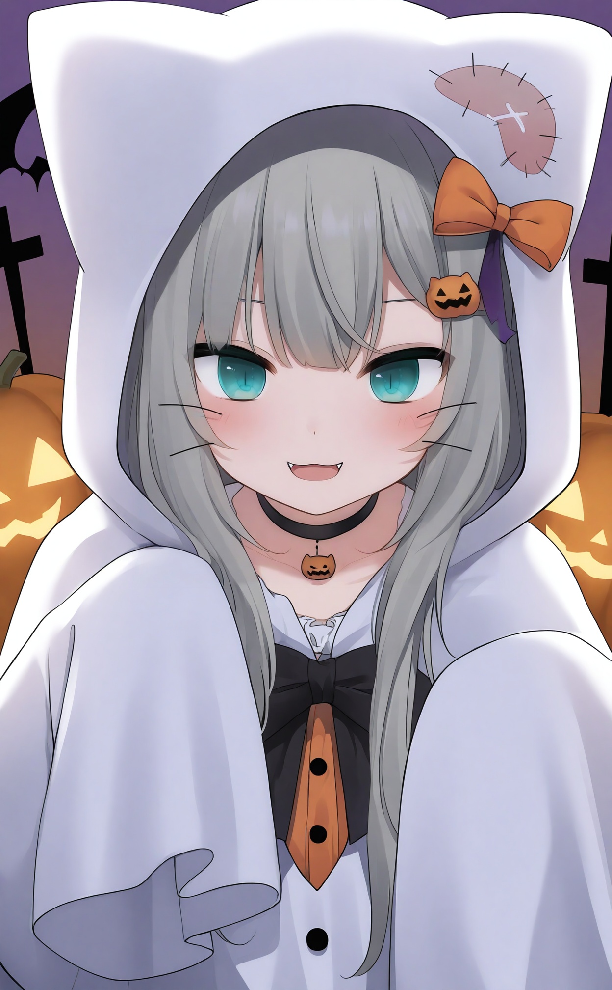 masterpiece,absurdres,best quality,loli,petite,high quality,chromatic_aberration,//,1girl,grey_hair,halloween,ghost_costume,long_hair,virtual_youtuber,solo,halloween_costume,blue_eyes,choker,hood,looking_at_viewer,animal_ears,black_choker,animal_hood,hair_ornament,smile,fangs,cat_ears,bow,robe,open_mouth,upper_body,sleeves_past_fingers,jack-o'-lantern,food-themed_hair_ornament,hood_up,blush,cat,sleeves_past_wrists,cat_hair_ornament,hair_bow,long_sleeves,pumpkin,whiskers,cloak,aqua_eyes,//,//,<lora:gancheng——【noob】hans:0.88>,
