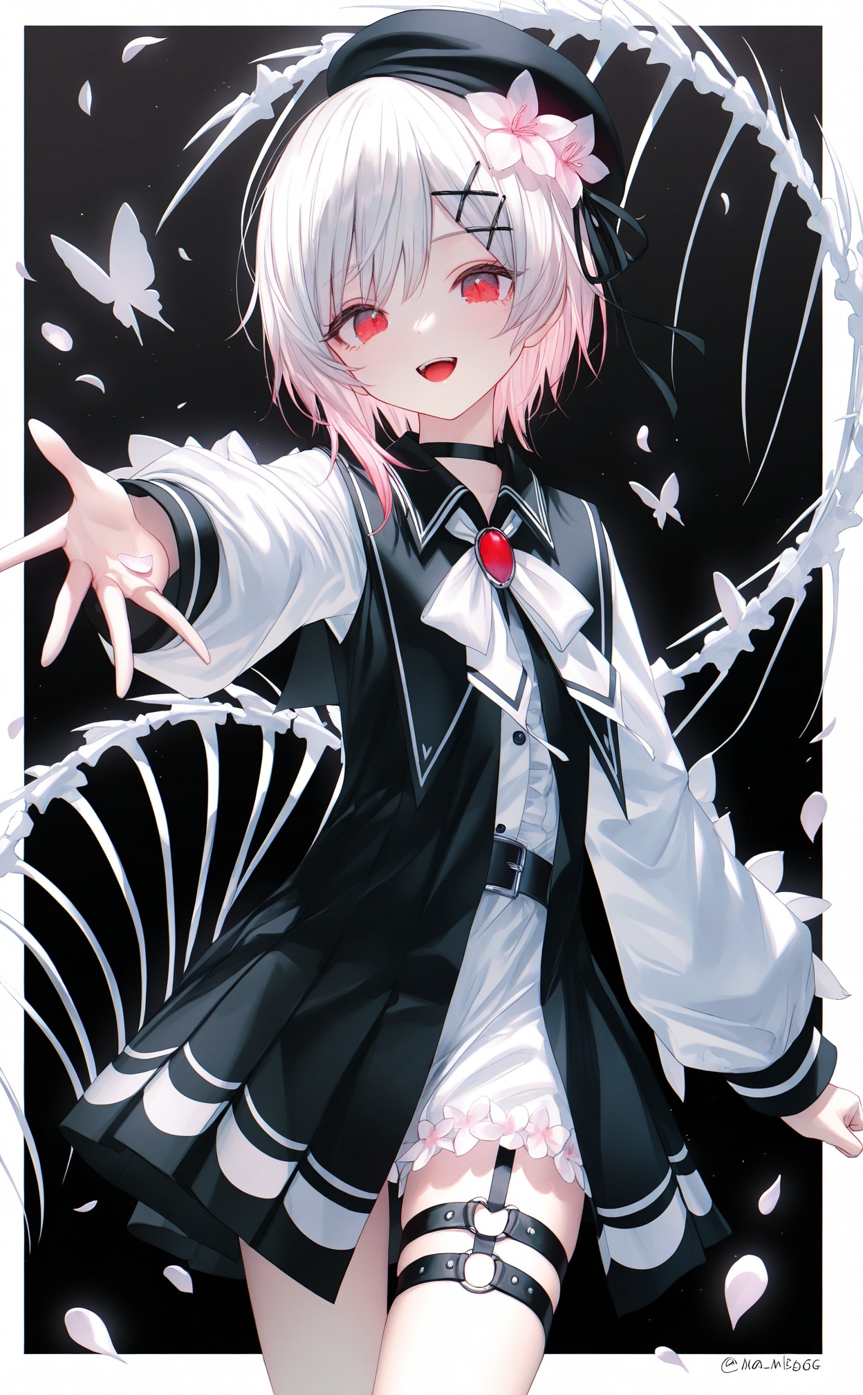 masterpiece,absurdres,best quality,loli,petite,high quality,//,sakuraba_ema,bug,butterfly,solo,hair_ornament,flower,o-ring_thigh_strap,hat,red_eyes,thigh_strap,smile,open_mouth,belt,outside_border,skeleton,black_choker,long_sleeves,1girl,looking_at_viewer,hair_flower,pink_hair,choker,o-ring,buckle,border,white_bowtie,cowboy_shot,brooch,belt_buckle,beret,dress,ribbon,pink_flower,short_hair,frills,white_border,white_hair,x_hair_ornament,jewelry,:d,multicolored_hair,black_belt,black_ribbon,legwear_garter,twitter_username,white_flower,puffy_long_sleeves,heart_o-ring,light_particles,bowtie,swept_bangs,white_bow,reaching,black_headwear,petals,bow,standing,black_dress,white_butterfly,reaching_towards_viewer,shorts,white_shirt,shirt,virtual_youtuber,falling_petals,red_gemstone,black_background,gem,collared_dress,puffy_sleeves,hair_ribbon,hairclip,hat_flower,collar,open_clothes,//,(rhasta:0.9),Artist:na-ga,(kiwi500g:1.1),(quasarcake:0.2),(wanke:0.9),(iumu:0.72),(toosaka asagi:0.4),(Artist:chen bin:0.9),//,<lora:sakuraba_ema——【noob】hans:0.8>,