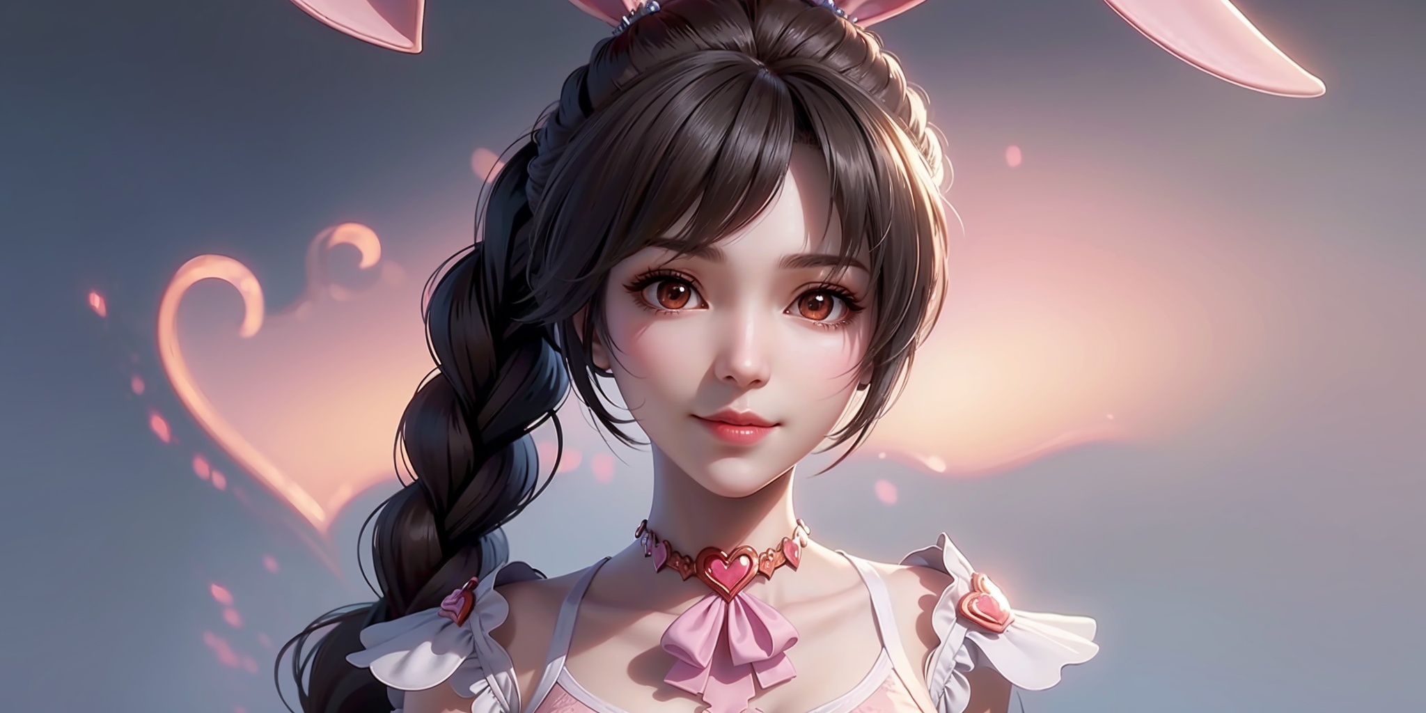 masterpiece,best quality,illustration,anime,simple background,white background,portrait,xiaowu,1girl,rabbit ears,solo,braid,carrot,brown hair,pink dress,smile,jewelry,hair ornament,upper body,looking at viewer,very long hair,skirt,belt,ponytail,heart,braided ponytail,brown eyes,breasts,collar,<lora:xiaowu_20240229121607:0.7>,