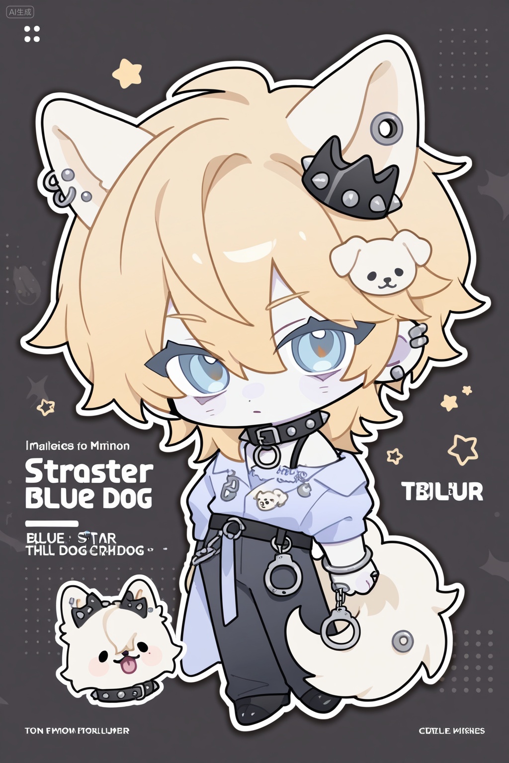 solo looking at viewer blue eyes blonde hair hair ornament 1boy animal ears jewelry male focus earrings star \(symbol\) collar english text piercing ring crown pale skin dog ears spikes bishounen handcuffs spiked collar dog boy (chibi:1.2),, Negative prompt: ng_deepnegative_v1_75t,(badhandv4:1.2),EasyNegative,(worst quality:2),,nsfw, Steps: 35, Sampler: Euler a, CFG scale: 7.0, Seed: 1813787252, Size: 1024x1536, Model hash: e645ee1569, Model: Anime Model-Illustrious_v1.00.safetensors, Denoising strength: 0.0, Clip skip: 2, ENSD: 31337, RNG: CPU, Lora 1: 【ELK】QQ小人, Lora Hash 1: 91e7719d06, Lora Weight 1: 0.8, vae_name: automatic