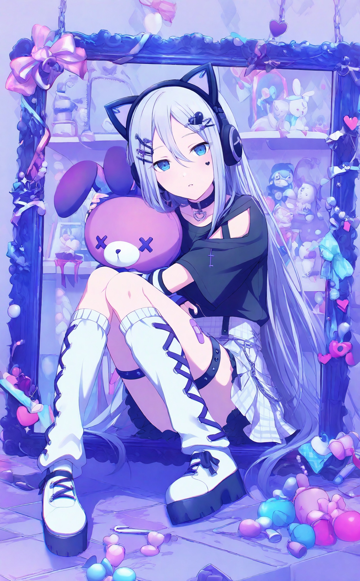 masterpiece,highres,absurdres,newest,best quality,loli,petite,high quality,chromatic_aberration,//,yoisaki_kanade, animal_ear_headphones, cat_ear_headphones, 1girl, picture_frame, fake_animal_ears, long_hair, shoulder_cutout, solo, animal_ears, headphones, blue_eyes, sitting, heart, very_long_hair, stuffed_toy, x_hair_ornament, official_alternate_costume, cross-laced_clothes, hair_ornament, purple_theme, stuffed_animal, clothing_cutout, socks, shirt, short_sleeves, looking_at_viewer, skirt, choker, black_shirt, leg_warmers, plaid, platform_footwear, fingerless_gloves, hairclip, cross-laced_legwear, black_choker, paw_print, flower, hair_between_eyes, curtains, white_hair, thigh_strap, teddy_bear, cross-laced_sleeves, bow, gloves, bag, stuffed_cat, cat_ears, full_body, chain, double-parted_bangs, pink_flower, loose_socks, striped_clothes, striped_socks, knees_together_feet_apart, sidelocks, loaded_interior, indoors, shoes, pleated_skirt, heart_hair_ornament, broken_heart, white_socks, knees_up, portrait_\(object\), o-ring_thigh_strap, parted_lips, arm_warmers, heart_print, footwear_bow, grey_hair, mirror, pearl_\(gemstone\), white_footwear, heart_facial_mark, white_gloves, kneehighs, pendant_choker, dot_nose, plaid_skirt, collar, collarbone, cross-laced_footwear, pink_bow, on_floor, rose, jewelry, straight_hair, blue_theme, mannequin, bandaid, o-ring, black_footwear, pink_rose, frills, white_skirt, nail_polish, blue_flower, black_collar, light_blue_hair, bandaid_on_arm, candy, vase, painting_\(object\), heart_cutout, photo_\(object\), stuffed_rabbit, red_flower, wooden_floor, star_\(symbol\), bell//,<lora:PJSKcg925——【NOOB】hans:1>,