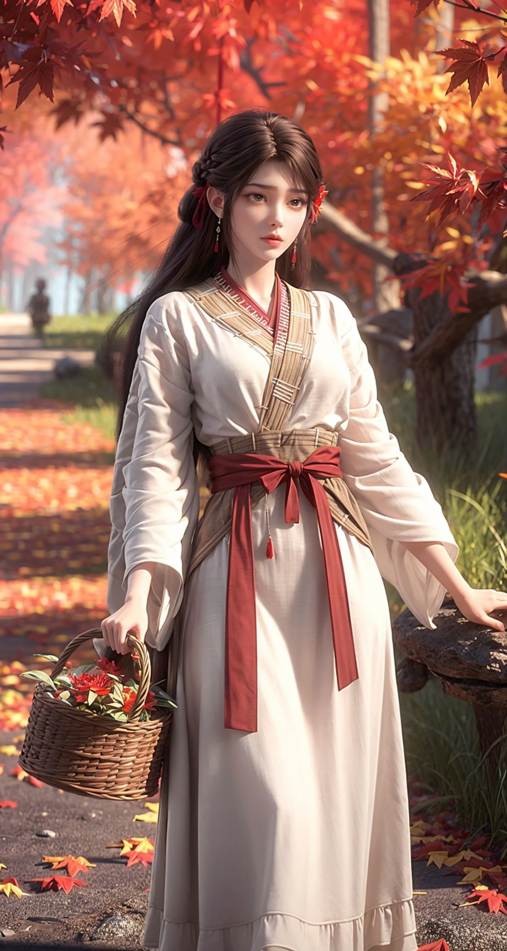 <lora:add_detail细节增加:0.8>,<lora:梦幻白1:0.2>,1girl,solo,hair ornament,long hair,hair flower,brown hair,jewelry,earrings,brown eyes,lips,realistic,closed mouth,chinese clothes,dress,basket,outdoors,autumn leaves,autumn,solo focus,flower,holding basket,leaf,tree,day,long sleeves,grass,maple leaf,long skirt,water,sky,depth of field,rock,ribbon,red ribbon,hairpin,hair stick,looking at viewer,eyelashes,red lips,scenery,nature,forest,sunlight,tassel,wide sleeves,<lora:火灵儿上界:0.7>,long_legs,