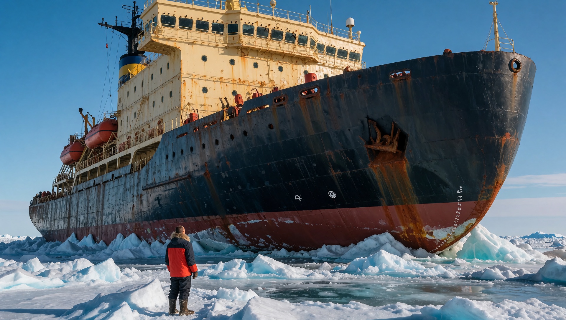 escimo gazes up at a colossal icebreaker ship that is captured in ice. The scene unfolds with meticulous attention to deta...