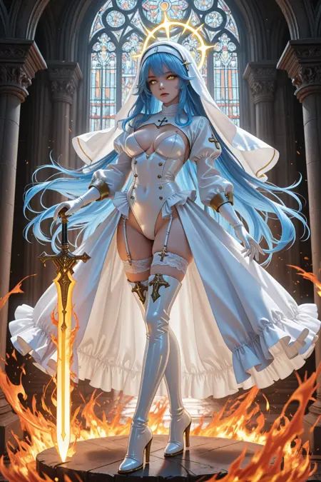 1girl,absurdres,blue_hair,boots,breasts,dress,fire,frilled_dress,frills,full_body,garter_straps,gloves,high_heel_boots,high_heels,highres,leotard,long_hair,looking_at_viewer,magic,medium_breasts,mytea_\(soso\),nun,showgirl_skirt,shrug_\(clothing\),solo,standing,sword,thigh_boots,thighhighs,veil,very_long_hair,weapon,white_gloves,white_leotard,white_shrug,white_thighhighs,yellow_eyes