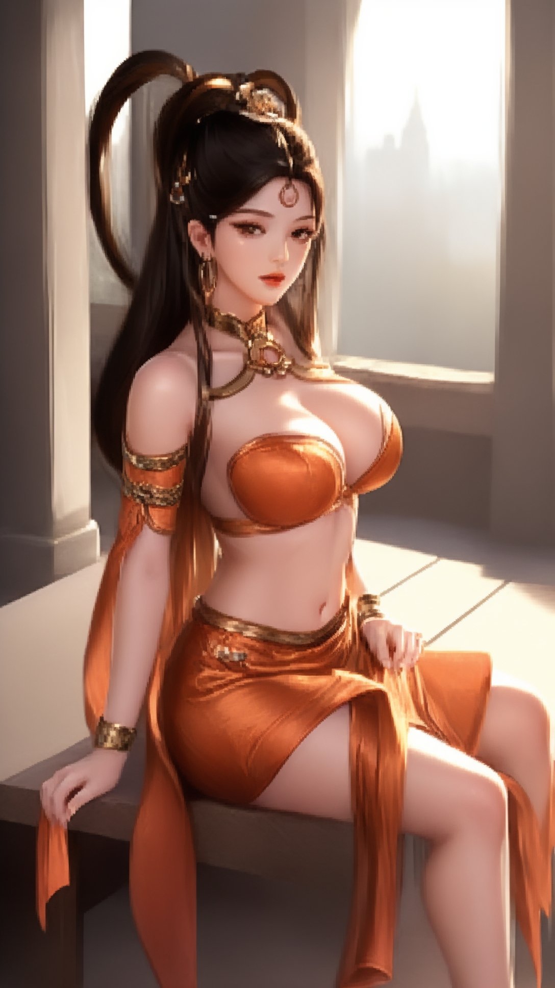 (1girl),smooth chin,masterpiece,detailed face,((hair ornament:1.2)),top quality,4k,make up,best quality,large breasts,(looking at viewer),ribbon,arms behind back,shawl,detached sleeves,forehead mark,legs,on street,full body,sitting on table,<lora:王者杨玉环遇见飞天_v1.0:0.9>,(big hair ring:1.5),hair ribbon,chinese clothes,orange skirt,midriff,anklet,armlet,