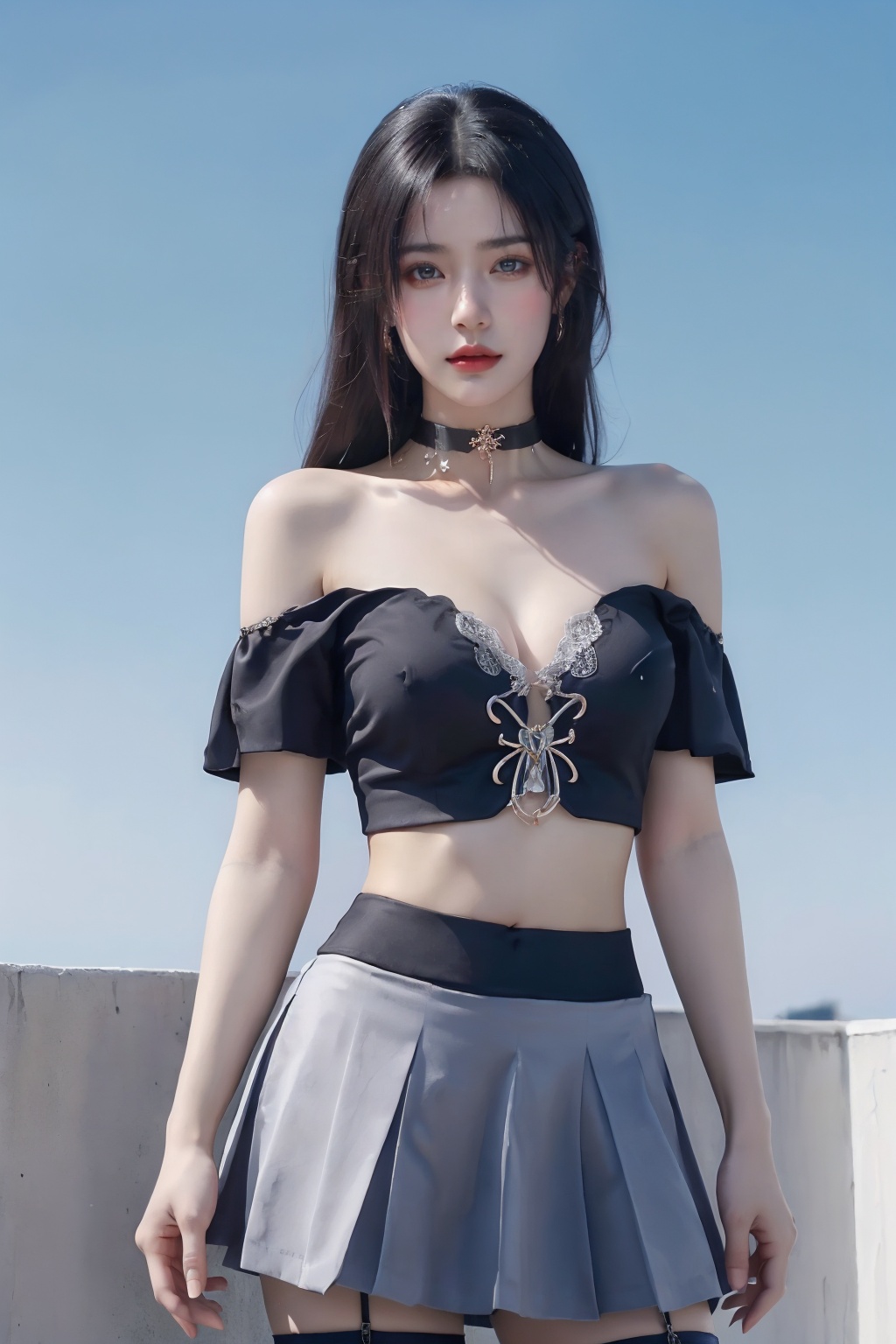 1girl, bandeau, bare shoulders, black choker, blue sky, breasts, choker, cleavage, collarbone, cowboy shot, crop top, day, facial mark, forehead mark, garter straps, grey eyes, jewelry, lips, long hair, looking at viewer, medium breasts, midriff, miniskirt, navel, off shoulder, outdoors, skirt, sky, solo, standing, stomach, thighhighs   <lora:美女:0.66>