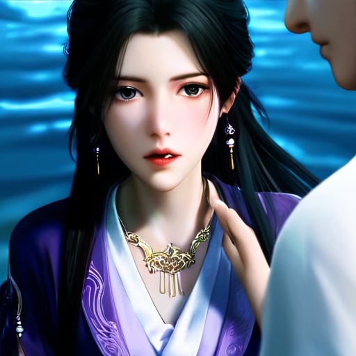 guoman,masterpiece,best quality,cinematic,detail eyes,(realistic:2),(ultra-detailed),perfect composition,intricate details,absurdres,detailed face,high quality,high res,8K,jiziyue,1girl,long hair,black hair,hair ornament,long sleeves,1boy,dress,jewelry,earrings,parted lips,necklace,chinese clothes,purple dress,