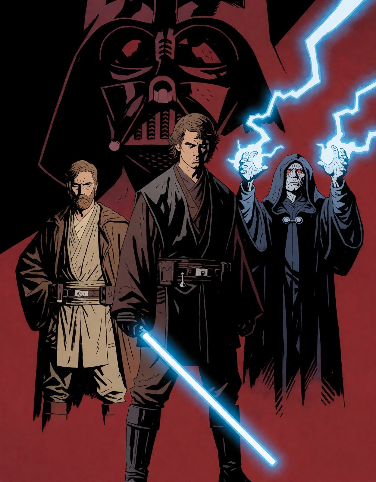 MignolaStyle,  Anakin Skywalker is standing in the center holding a blue lightsaber,  on the right side there is Palpatine...