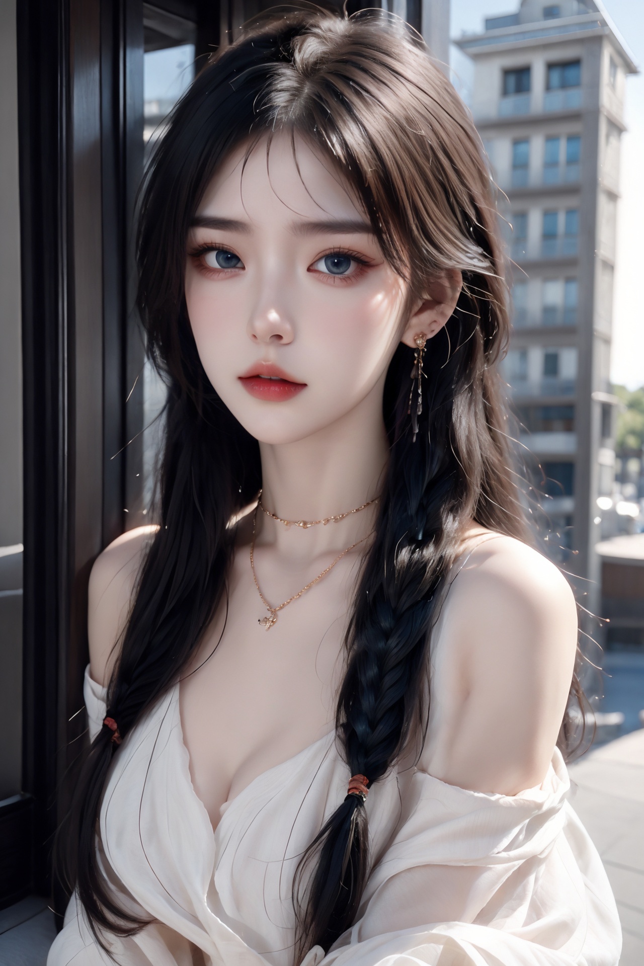 1girl, artist name, bare shoulders, blue eyes, blue hair, blurry, blurry background, braid, breasts, building, choker, cleavage, depth of field, earrings, hair over shoulder, jewelry, long hair, looking at viewer, medium breasts, necklace, off shoulder, outdoors, parted lips, single braid, solo, sunset, upper body  <lora:1:1>