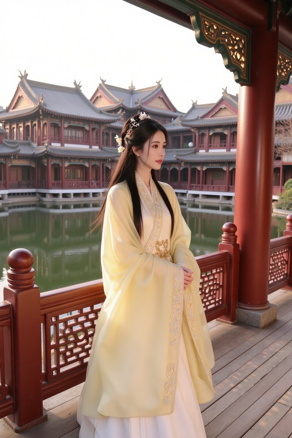 ancient costume,This photo captures a young woman wearing traditional Chinese Hanfu standing on a wooden deck overlooking a serene and reflective lake. The lady is dressed in an elegant white long robe with intricate embroidery and gold decorations, covered by a long transparent yellow drape that gently sways in the breeze. Her dark long hair is styled in a traditional bun adorned with delicate hairpins and flowers.The woman's expression is calm with a slight smile as she looks to one side.In the background, a traditional Chinese building with red and brown tones can be seen, characterized by multiple layers and elaborate wooden details. The architecture includes complex carvings and tiled roofs with multiple eaves. The lake in the foreground complements the building, adding to the tranquil atmosphere. The wooden deck and railings are painted in rich red, harmonizing with the overall aesthetics. The scene is bathed in warm golden light, suggesting early morning or late evening.