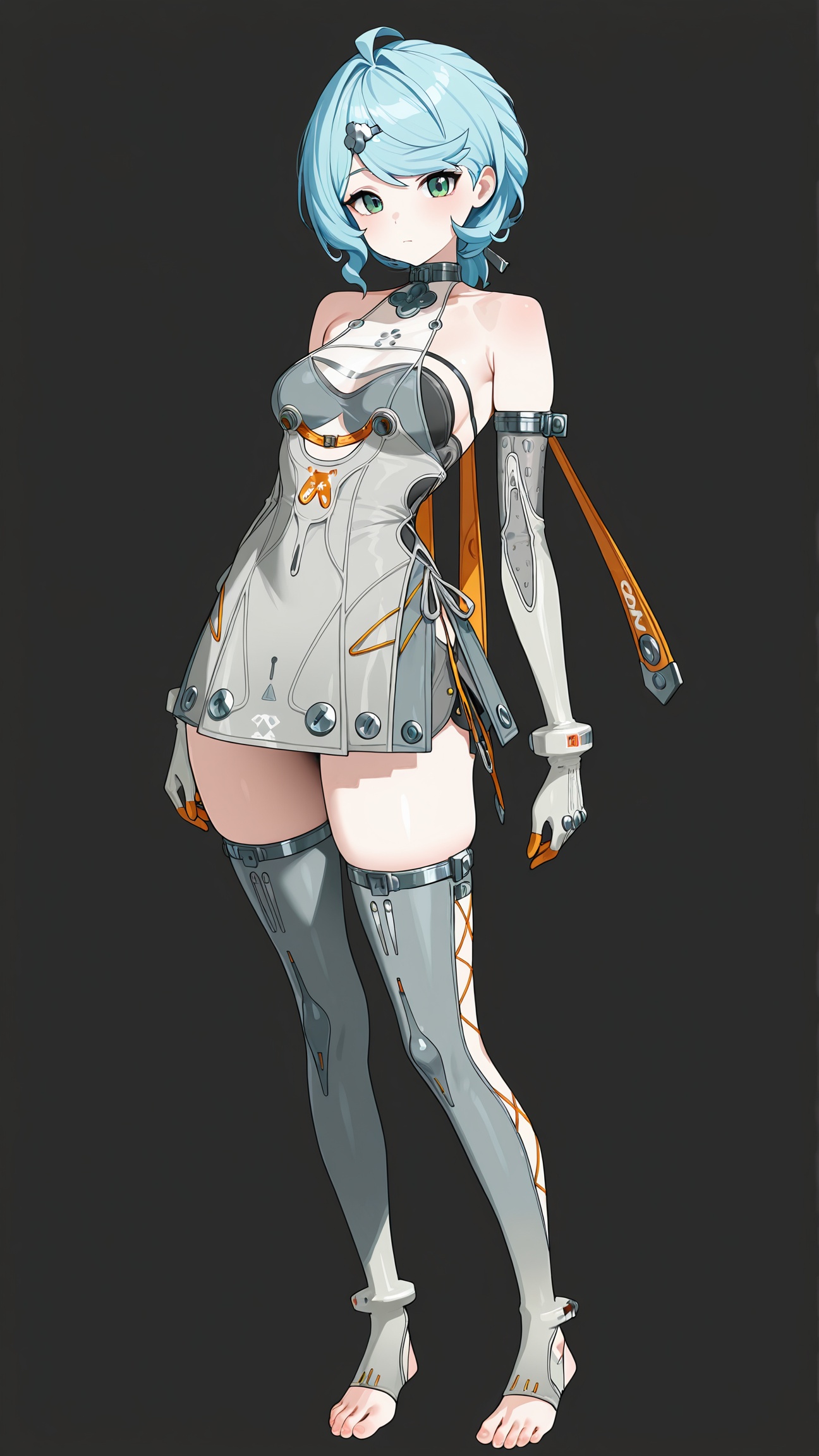masterpiece,best quality,amazing quality,<lora:)-000017:0.8>,seed \(zenless zone zero\),1girl,solo,gloves,toeless legwear,elbow gloves,blue hair,full body,white background,barefoot,looking at viewer,simple background,grey dress,standing,green eyes,hair ornament,stirrup legwear,closed mouth,grey thighhighs,ahoge,bare shoulders,hairclip,black background,dress,short hair,grey gloves,thighhighs,toes,toeless footwear,