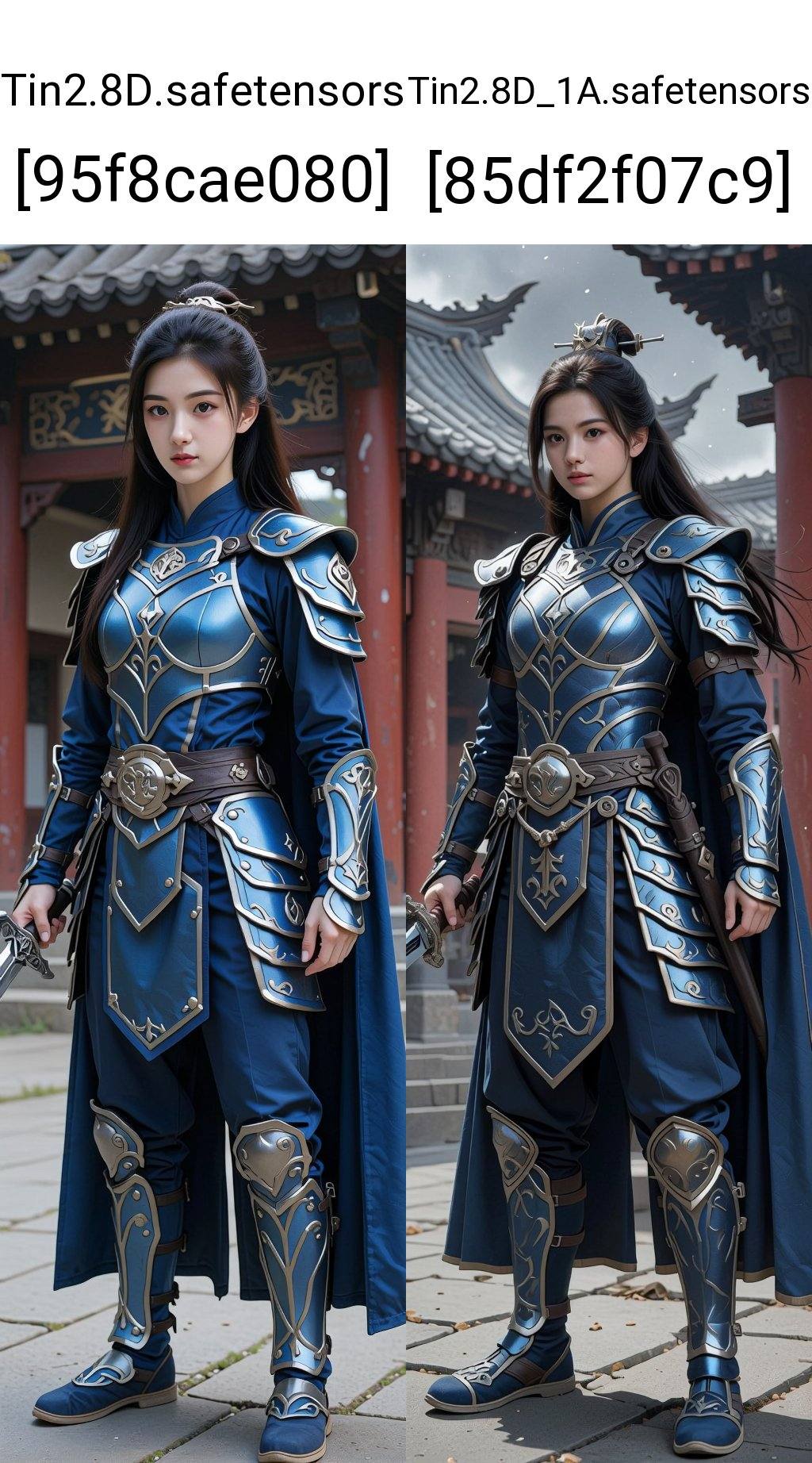 The image depicts a person dressed in a traditional Chinese warrior outfit. The outfit consists of a blue and silver armor...