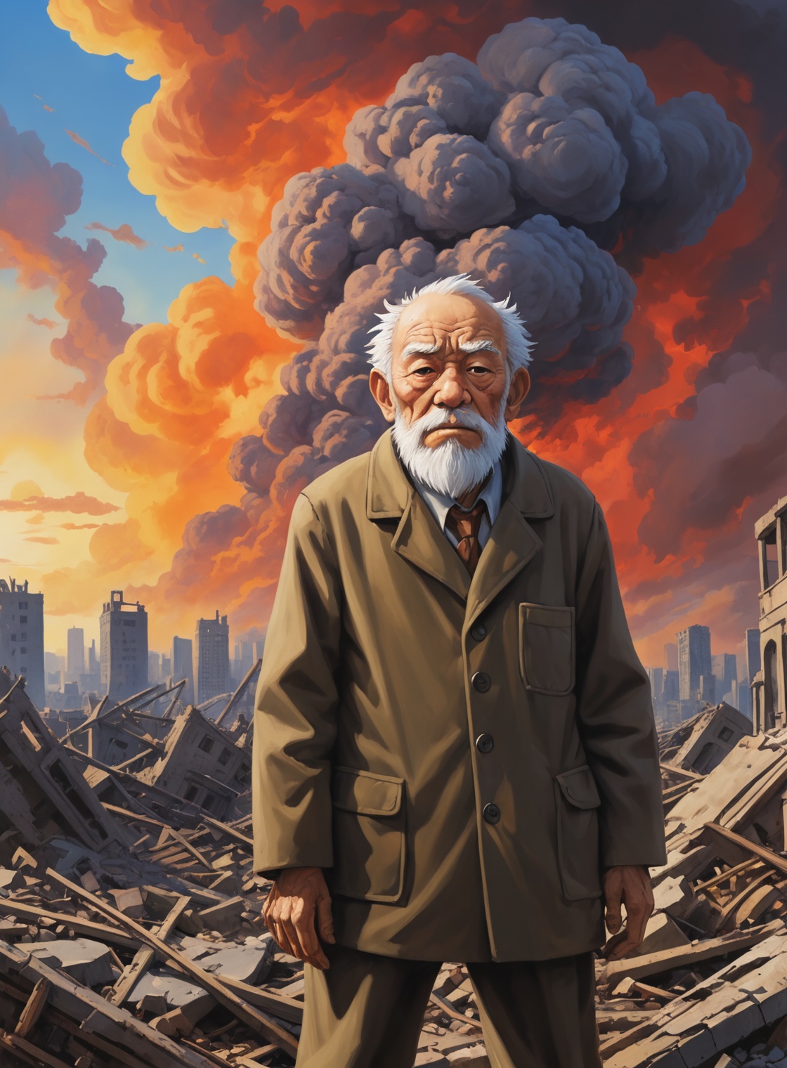 (closeup old man in a destroyed city atomic blast in the background),  oil painting from studio ghibli film,  by noriyuki...
