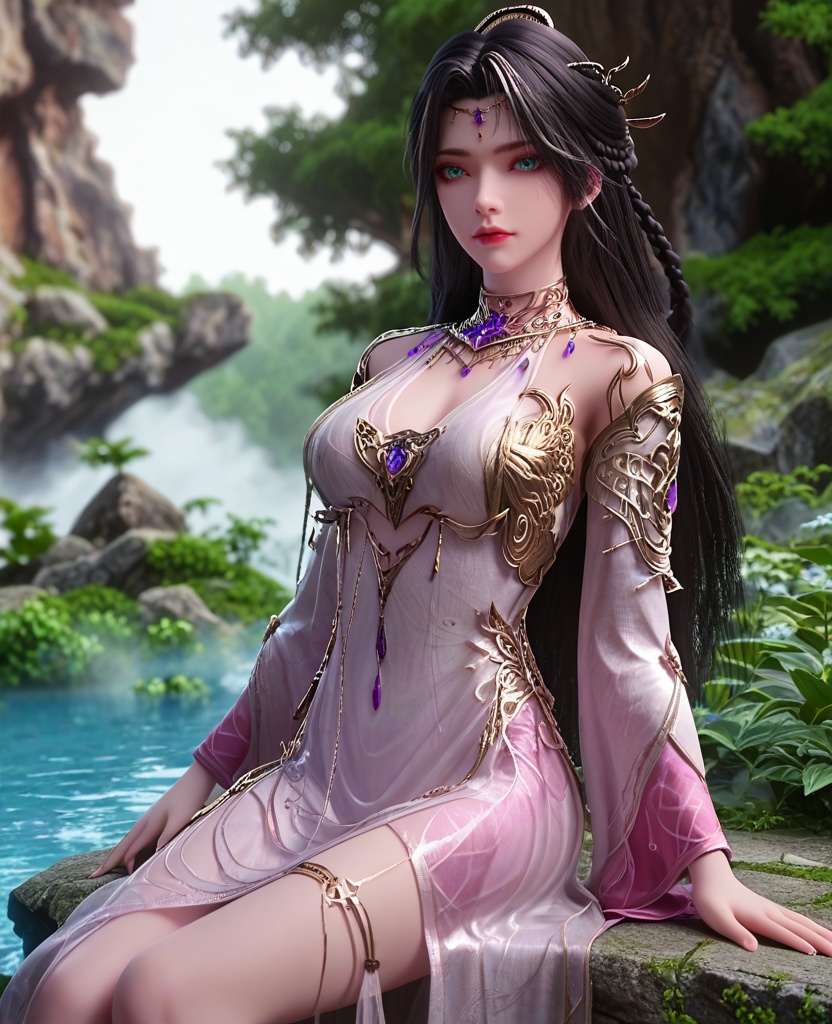 (oriental architecture, elegant decor, sophisticated style:1.1),sitting, m legs,(breasts:1.2),<lora:XL16完美世界魔女真身:0.95>,miss monv,solo,white dress,aqua eyes,black hair,hair with white highlights,long hair,hair ornament,metal collar,gem,jewelry,gambeson,pink cuffs,see-through underskirt,, zPDXL2, score_9, score_8_up, score_7_up BREAK realistic, masterpiece,best quality, highly detailed,