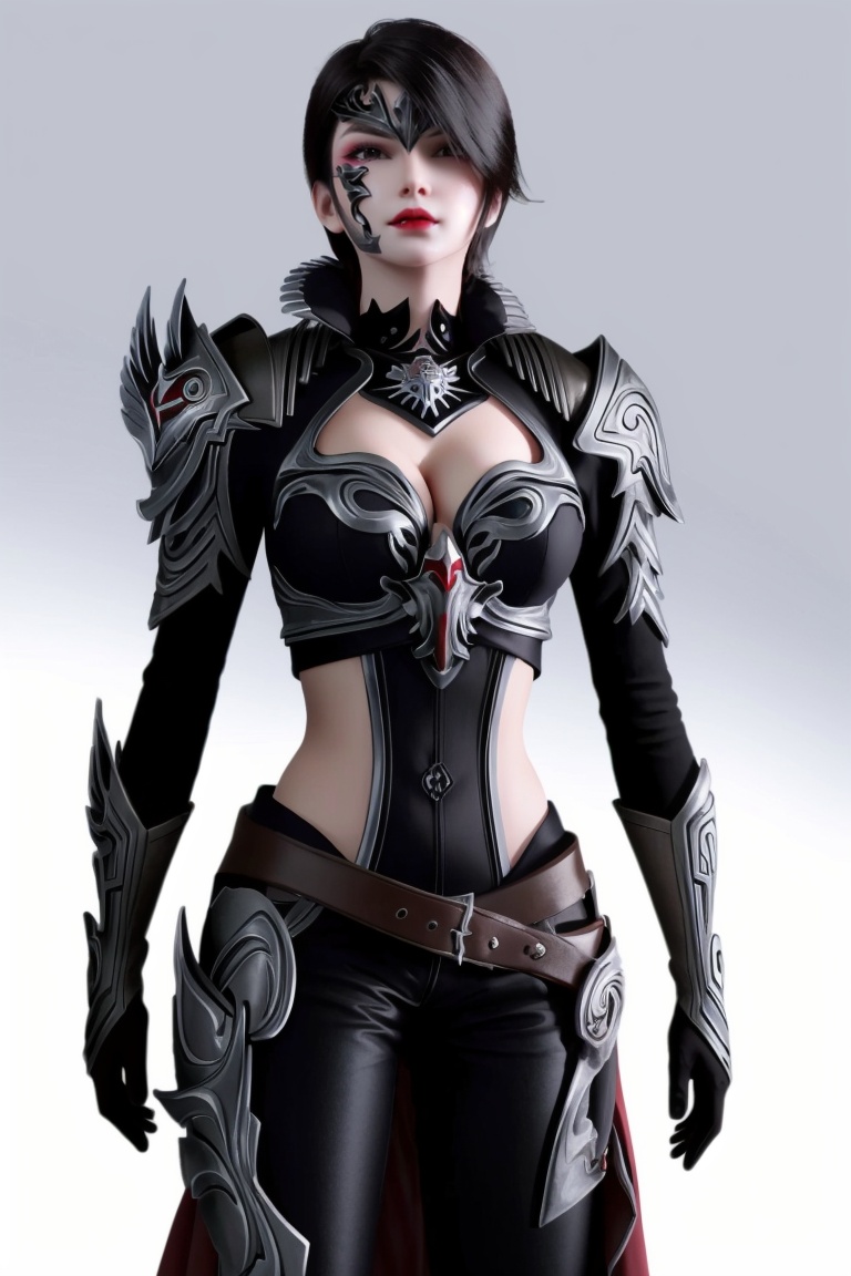 ((HRD, HUD, 8K)),((masterpiece, best quality)), highly detailed, soft light,1girl, solo, mask, short hair, black hair, red eyes, lips, red lips, makeup,breasts, cleavage, medium breasts,armor, shoulder armor, simple background, white background, cowboy shot, standing, looking at viewer,  <lora:20240405-1712280500487:0.7>