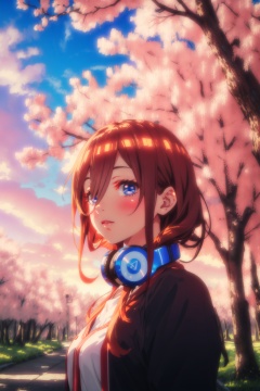 1girl,looking at viewer,solo,long hair,hair between eyes,bangs,brown hair,blue eyes,headphones,headphones around neck,<lora:Nakano Miku:0.8>,Miku_CYQL,(yandere,seiza,portrait,from_below:1.1),Airline-specific outfit reflecting the cultural heritage of the airline's country,beautiful face,beautiful eyes,glossy skin,shiny skin,Cherry trees, Blossoms, Park, Spring, Colors, Beauty, Serenity, Tranquility,Tropical plants, Sunset hues, Exotic foliage, Evening glow, Tropical oasis, Serene atmosphere,beautiful detailed sky,beautiful detailed glow,posing in front of a colorful and dynamic background,masterpiece,best quality,beautiful and aesthetic,contrapposto,female focus,wallpaper,fashion,<lora:增强减少细节add_detail:0.4>,