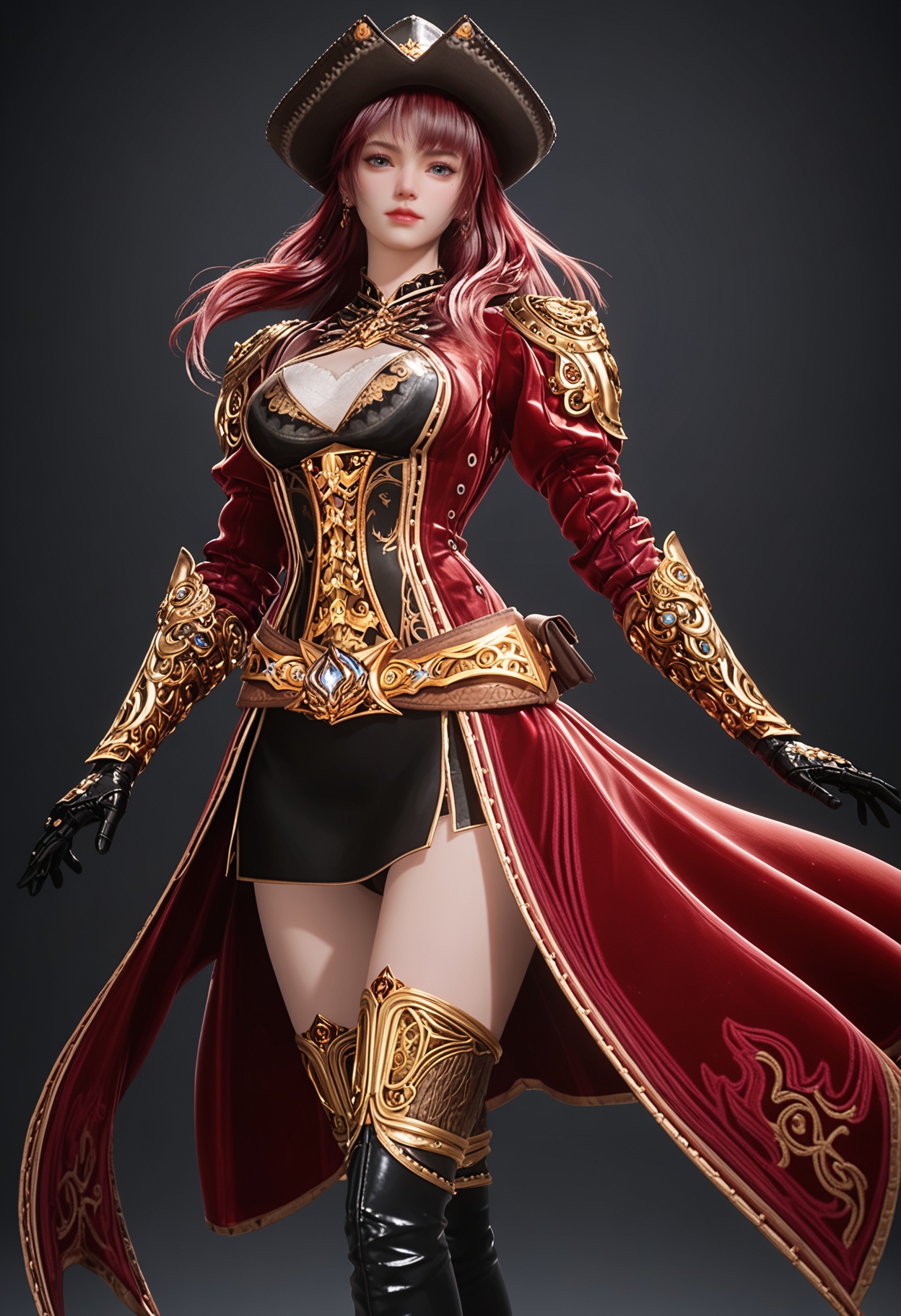 (cowboy shot:1.2),score_9,score_8_up,masterpiece,(best quality),intricate details,facing viewer,(looking at viewer:1.1),<lora:YQ_pony_menghongchen_V4:0.8>,q1528437228,solo,1girl,hat,long hair,red hair,boots,thighhighs,blue eyes,gloves,thigh boots,skirt,armor,pink hair,jewelry,belt,brown hair,pirate hat,earrings,coat,high heels,red coat,black gloves,grey eyes,dress,miniskirt,black eyes,black footwear,high heel boots,black headwear,long sleeves,single glove,BREAKscore_9,score_8_up,masterpiece,(best quality),perfect anatomy,(hourglass),perfect face,(simple background,pure black background,black background:1.1),fair_skin,shiny_skin,Ivory_skin,