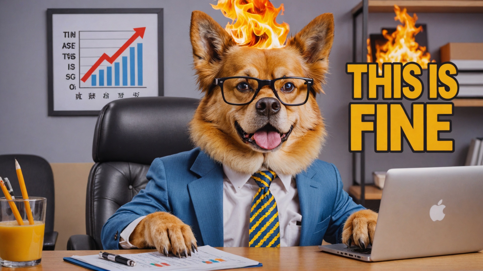 Photo of dog in suit and glasses,  sitting at table in office on chair,  (a lot of fire) everywhere on Tensor.Art
