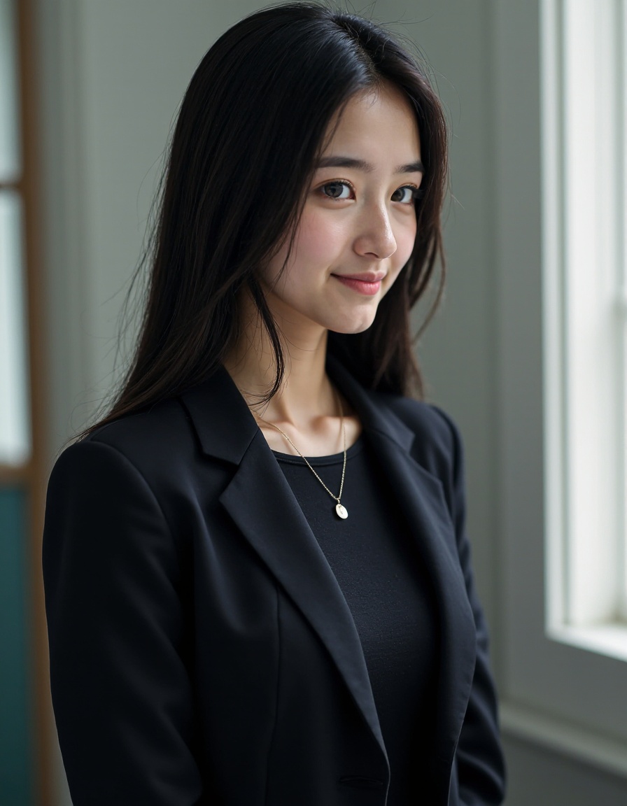 film grain, realistic, photorealistic,1girl, solo, black hair, looking at viewer, dress, long hair, smile, suit, upper body,