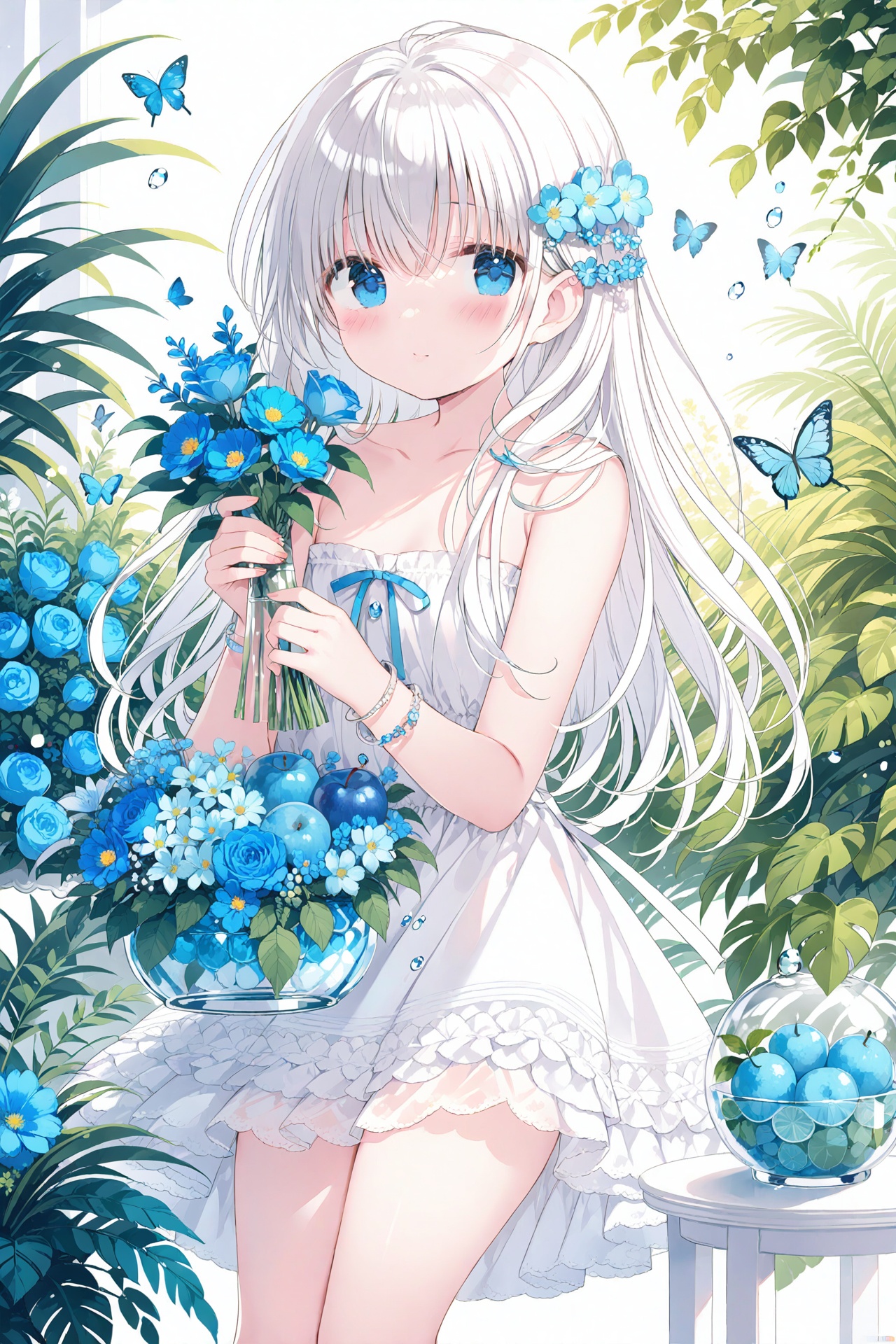 masterpiece,best quality,high quality,(colorful),Artist onineko,1girl,loli,flower,solo,hair ornament,dress,bug,butterfly,blue eyes,hair flower,long hair,holding,looking at viewer,blue flower,white dress,blue butterfly,bare shoulders,food,fruit,hair between eyes,strapless dress,strapless,jewelry,collarbone,white hair,blush,ribbon,standing,plant,closed mouth,bracelet,water drop,blue ribbon,leaf,