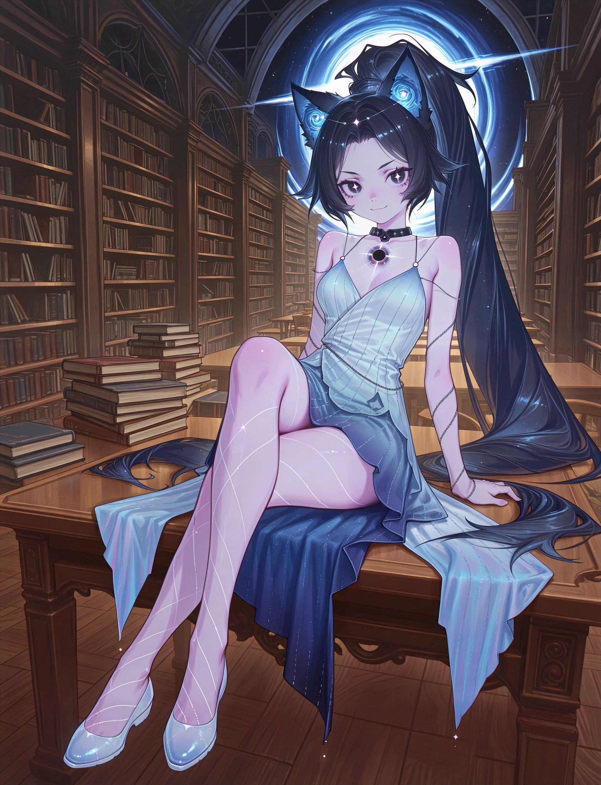 no humans,  bookshelf,  fufu \(white dress\) on Tensor.Art