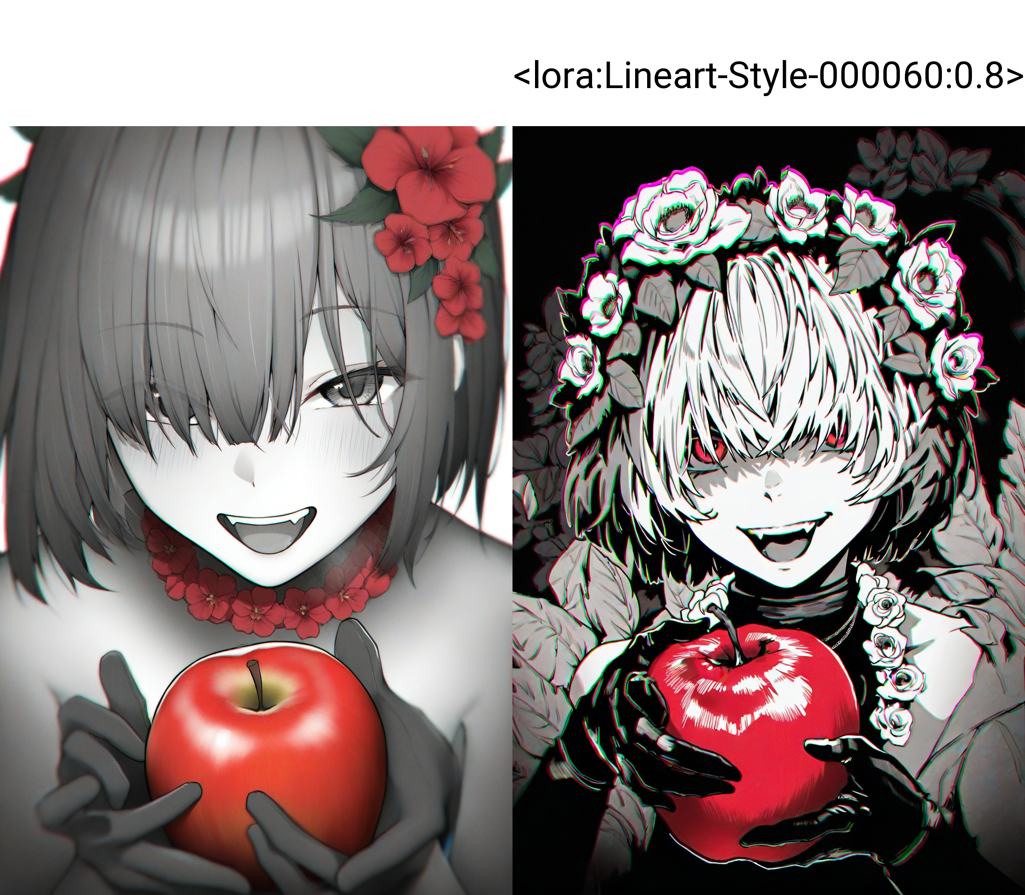 highres,absurdres,Visual impact,masterpiece,best quality,very aesthetic,amazing quality,newest,lineart,traditional media,greyscale,\\//,film grain,(chromatic aberration:1.8), close up,black gloves,fang,floral background,flower necklace,fruit,hair flower,hair over eyes,holding fruit,leaf,looking at viewer,necklace,open mouth,red apple,red flower,teeth,tongue,upper teeth only,smile,