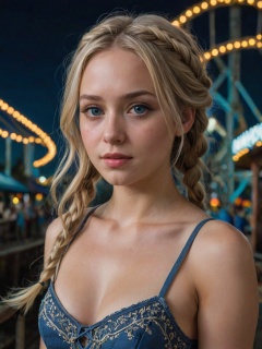 score_9, score_8_up, score_7_up, score_6_up, score_5_up, score_4_up score_9,score_8_up,((ultra detailed, masterpiece, absurdres))REAnnette, 1girl, braid, blonde hair, blue eyes, looking at viewer, Abandoned amusement park at night, flickering lights, dynamic lighting, eerie and unsettling