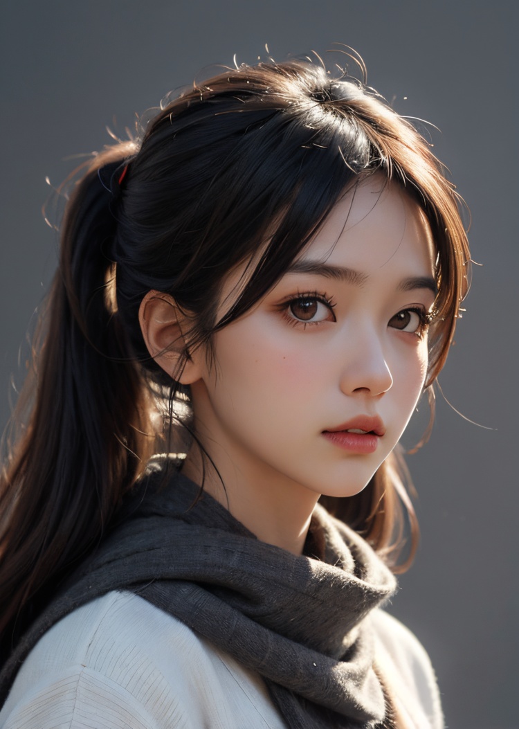 1girl, brown eyes, black hair, realistic, scarf, looking at viewer, twintails, solo, lips, long hair, portrait, nose, closed mouth, solo focus, finger to mouth, simple background,realistic details, surrealistic, sense of reality, intense contrast of light and shadow