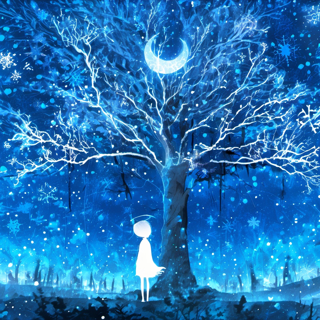 <lora:star_xl_v3:1>,ethereal ambiance, 1girl, solo, glowing, scenery, blue theme, silhouette, snowflakes, a white silhouette of a girl, night, moon, reflection, crescent moon, reflective ground, bare tree, a serene nighttime landscape, a large and leafless tree with intricate branches and snowflakes are scattered throughout the sky, a child figure stands near the tree's base which is gazing up at the celestial wonders. the overall color palette is dominated by shades of blue, cold and ethereal atmosphere., sky