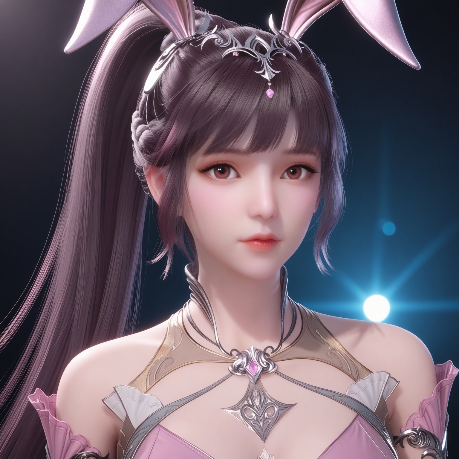 (upper_body:1.1),(huge breasts:0.9),34.<lora:YQponyxiaowuV8:0.8>,(q1528437228:1.5),1girl,solo,dress,long hair,rabbit ears,animal ears,ponytail,brown hair,hair ornament,pink dress,black hair,jewelry,bare shoulders,metal collar,necklace,braid,collar,high heels,brown eyes,,blush,(looking_at_viewer:1.1),BREAKintricate details,shiny_skin,solo focus,(blurry background:1.1),(depth of field:1.1),perfect_anatomy,(cinematic lighting:0.9),(volumetric lighting:0.9),(simple background,pure black background,black background:1.1),