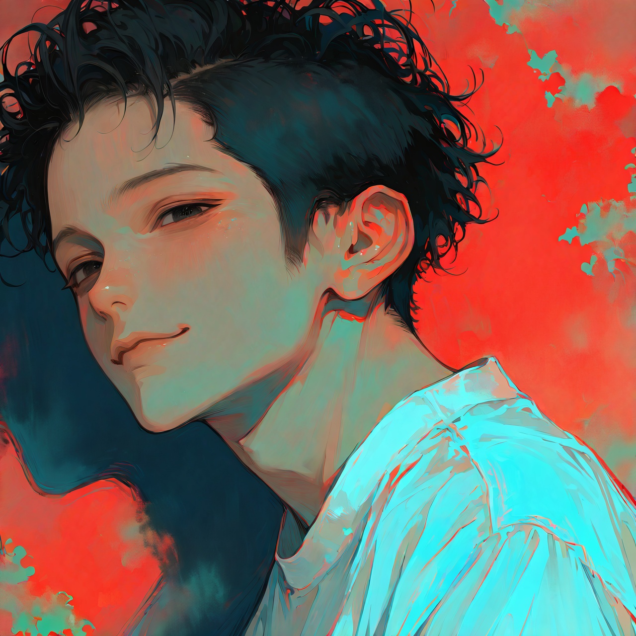 <lora:Tourun ThickPaint Style:0.8>,absurdres,realistic,rim light,wallpaper,best quality,1boy,male focus,solo,white shirt,black hair,(very short hair),upper body,closed mouth,looking_at_viewer,black eyes,from_side,forehead,portrait,messy hair,smile,