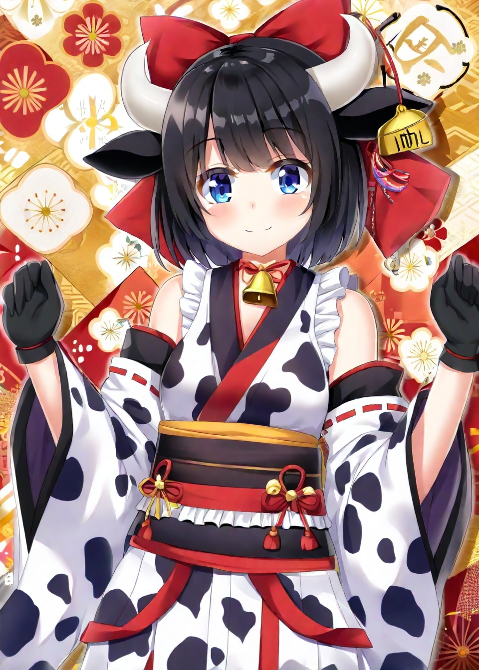 solo, gloves, bell, horns, 1girl, animal ears, bow, black gloves, japanese clothes, cow horns, hair bow, cow ears, smile, looking at viewer, closed mouth, detached sleeves, red bow, kimono, short hair, bare shoulders, sleeveless, frills, cow girl, sash, wide sleeves, black hair, blush