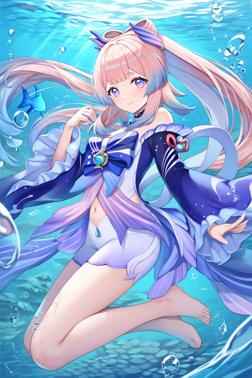 score_9,score_8_up,score_7_up,score_6_up,score_5_up,score_4_up,source_anime,source_cartoon,<lora:Sangonomiya KokomiTuPONYXL-000001:1>,sangonomiya kokomi, 1girl, underwater, solo, barefoot, pink hair, long hair, fish, bow-shaped hair, purple eyes, looking at viewer, feet, breasts, bubble, bare shoulders, long sleeves, legs, colored tips, full body, toes, smile, air bubble, white shorts, bare legs, wide sleeves, water, closed mouth, navel, blue bow, hair ornament, short kimono, thighs, japanese clothes, from side