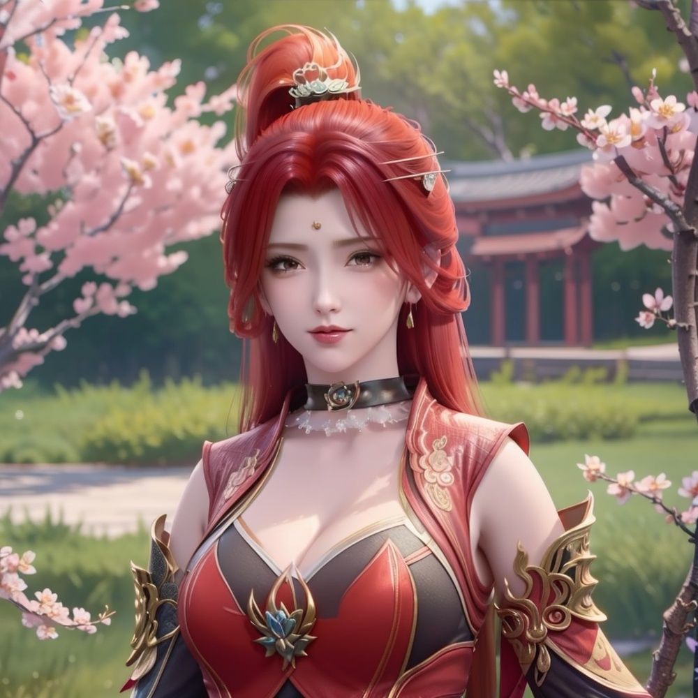 <lora:斗破苍穹-唐火儿:1>red hair,  (,1girl, ,best quality, ),looking at viewer,  ,ultra detailed background,ultra detailed background,ultra realistic 8k cg,, ,masterpiece, (( , )),, ,   plum blossoms,    ,,  (cleavage), (), ,,