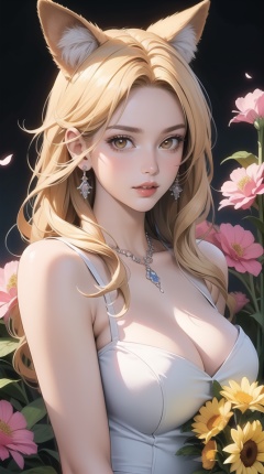 (best quality), ((masterpiece)), (highres), illustration, original, extremely detailed,breasts, blonde hair, 1girl, flower, long hair, cleavage, fairy, dress, animal ears, bouquet, solo, lips, petals, yellow eyes, jewelry, large breasts, medium breasts