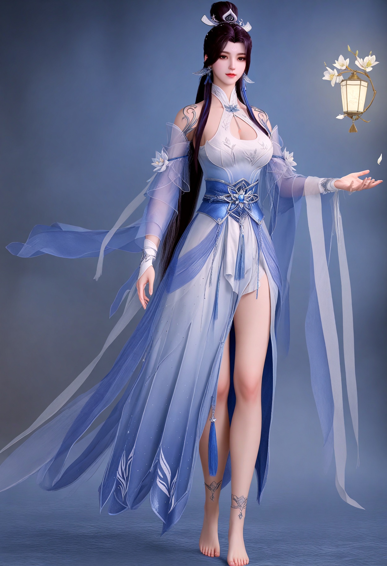 upper_body,(gigantic breasts:0.6),(slender:1.3),(looking_at_viewer:1.1),(masterpiece:1.1),(best quality:1.2),(intricate details),(smog:1.3),(Dark room:1.3),(dim lighting:1.3),<lora:YQ_Illustrious光辉v5_绫清竹新服装_V1:0.8>,q1528437228,solo,1girl,long_hair,dress,hair_ornament,black_hair,jewelry,hair_bun,white_dress,barefoot,earrings,single_hair_bun,sash,purple_hair,anklet,brown_hair,clothing_cutout,bare_shoulders,facial_mark,bare_legs,detached_sleeves,blue_dress,cleavage_cutout,ponytail,chinese_clothes,forehead_mark,tattoo,flower,see-through,realistic,long_sleeves,black_eyes,cleavage,hanfu,armor,gloves,tassel,elbow_gloves,masterpiece,(best quality),(intricate details:0.9) BREAK (intricate details:0.9),(realistic skin:1.2),masterpiece,best quality,newest,absurdres,hiahres,