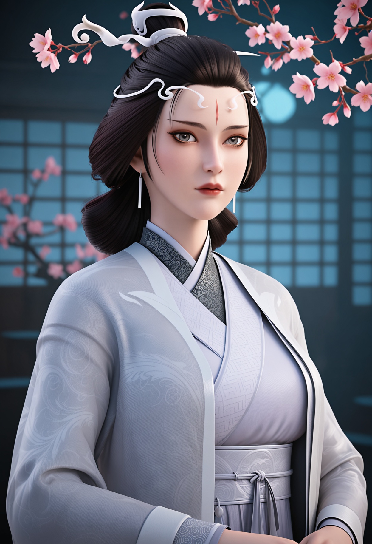 (upper_body:1.2),(looking at viewer:1.1),masterpiece,(best quality),smog,Dark room,dim lighting,peach blossom,falling petals,<lora:YQ_Illustrious光辉v5_水月_V1:0.8>,q1528437228,solo,1girl,black hair,jewelry,earrings,chinese clothes,facial mark,hair ornament,forehead mark,hanfu,long sleeves,makeup,wide sleeves,hair bun,hair stick,long hair,red lips,updo,japanese clothes,black eyes,blue eyes,robe,brown eyes,brown hair,kimono,sash,grey eyes,korean clothes,single hair bun,