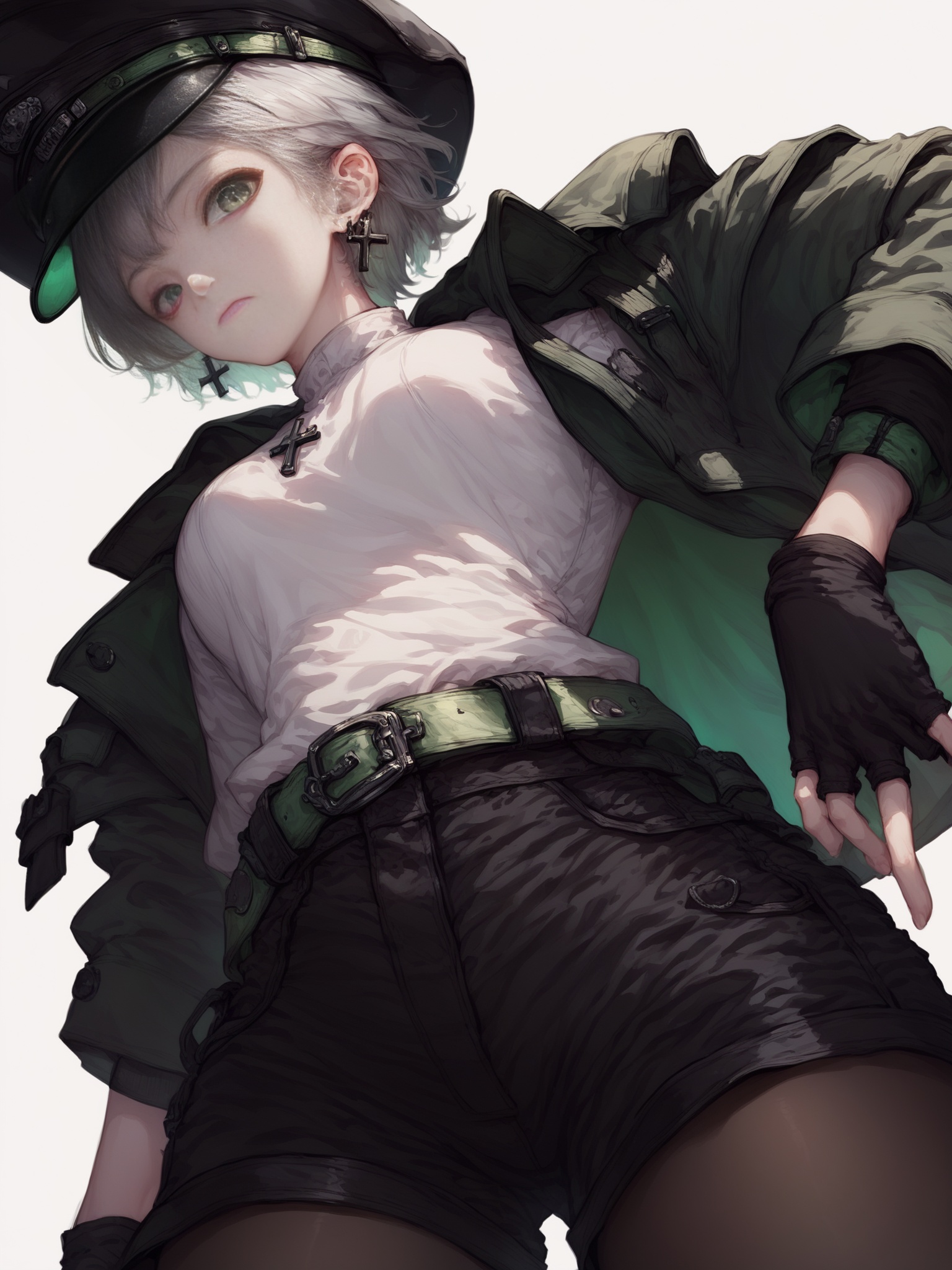 score_9, score_8_up, score_7_up, score_6_up, 1girl, solo, green eyes, white background, hat, shorts, earrings, looking at viewer, simple background, jewelry, short hair, holding, black headwear, pantyhose, black shorts, shirt, grey hair, white shirt, closed mouth, long sleeves, jacket, belt, gloves, from below, breasts, black gloves, cross earrings, fingerless gloves, short shorts, black pantyhose, peaked cap<lora:Asekkk pony re a:1>