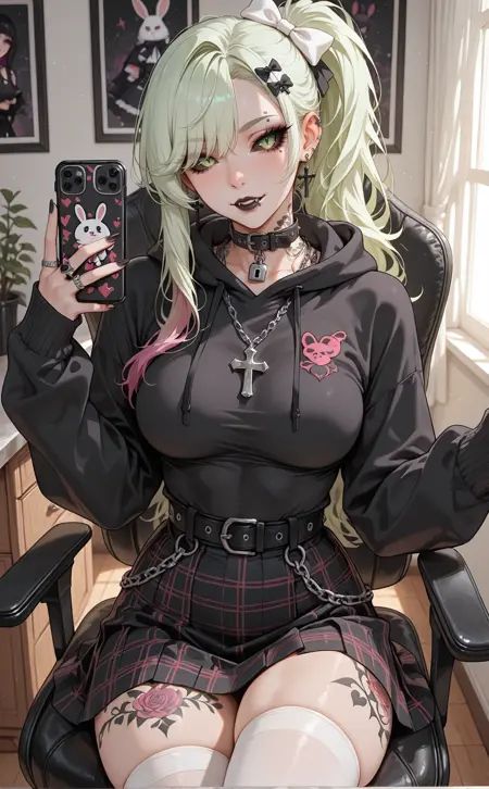 <lora:Mega_Fluffy_IL:0.5> lazypos, masterpiece, best quality, ultra-detailed, amazing quality, very aesthetic, illustration, newest, billyhhyb:0.3,<lora:Full_body_Tattoo_by_Stable_Yogi_ILLUS_10_V1:1> 1girl, long hair, single ponytail, asymmetrical bangs, asymmetrical sidelocks, (light green hair, dark pink highlights), tsurime eyes, green eyes, slit pupils, colored sclera, (black sclera), black nail polish, eyeliner, black eyeshadow, black lips, vampire fangs, mature female, medium breasts, toned female, thick thighs, jewelry, cross earring, collar, labret ring, (lip ring), eyebrow piercing, vine tattoo, tattooed body, goth fashion, (rabbit_hood), hood_down, belt, belt_collar, black_belt, black_skirt, black_sweater, bow, cellphone, chain, chain_necklace, cross, cross_hair_ornament, cross_necklace, emo_fashion, hair_bow, hair_ornament, hair_over_one_eye, holding, holding_phone, indoors, lock, necklace, o-ring, padlock, phone, piercing, plaid_clothes, plaid_skirt, selfie, skirt, sleeves_past_wrists, tall boots, goth boots, smartphone, sweater, swivel_chair, white_bow, white thighhighs,