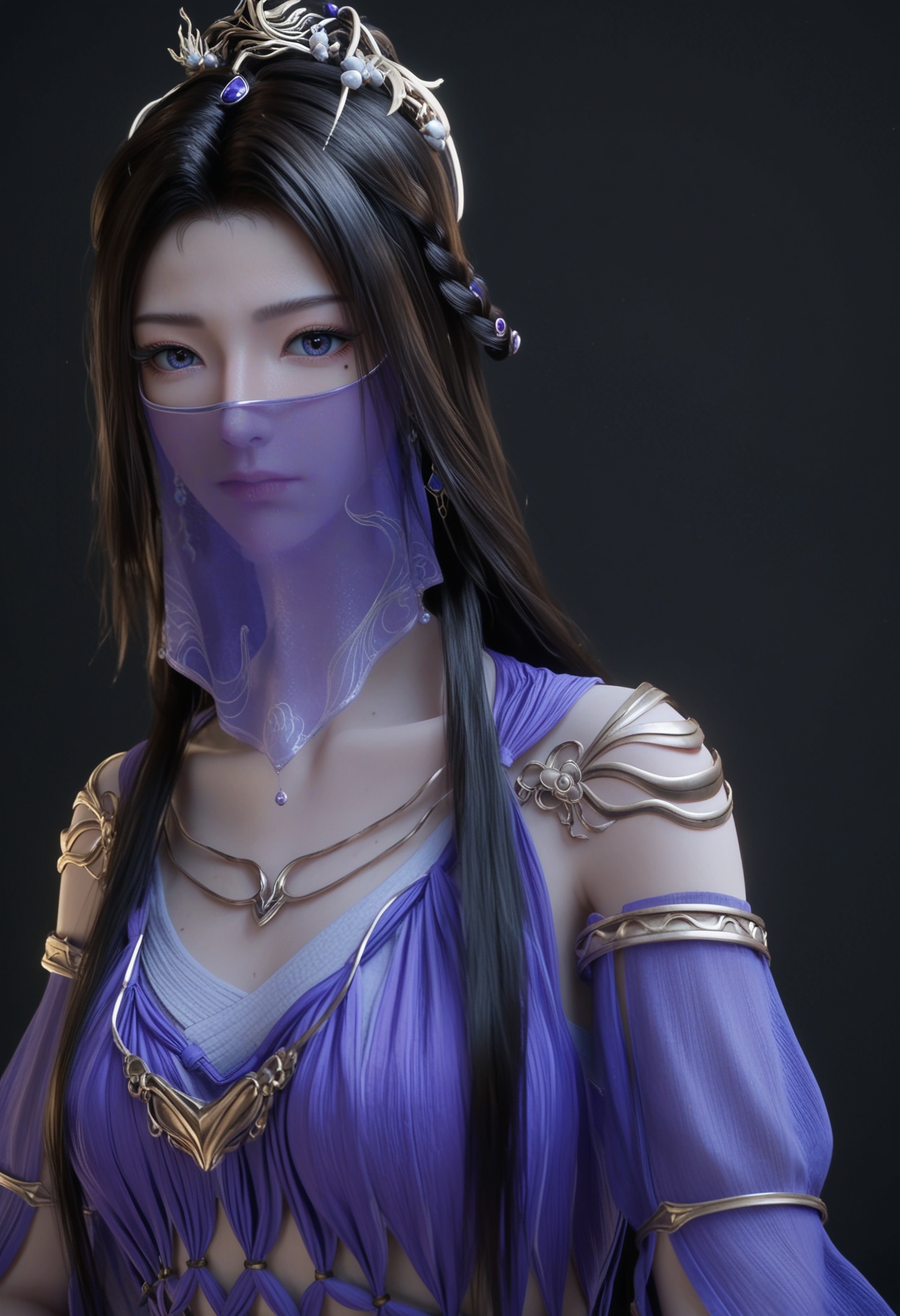 (upper_body:1.2),score_9,score_8_up,masterpiece,(best quality),intricate details,facing viewer,(looking at viewer:1.1),<lora:YQ_pony_ziling_V4:0.8>,q1528437228,1girl,solo,long hair,black hair,veil,mouth veil,dress,jewelry,hair ornament,necklace,blue dress,purple dress,blue eyes,bracelet,detached sleeves,hair bun,brown hair,earrings,braid,single hair bun,mole,wide sleeves,sandals,purple eyes,mole under eye,tiara,long sleeves,pantyhose,BREAK(score_9:1.2),(score_8_up:1.2),masterpiece,best quality,very aesthetic,perfect anatomy,(hourglass),perfect face,(simple background,pure black background,black background:1.1),fair_skin,(shiny_skin:1.1),Ivory_skin,