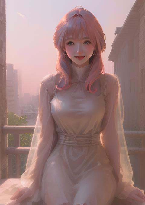 <lora:skinTextureDreamlike_LoRA300:1>, dreamlikeart, analog, (best quality), ((realistic photo)), ((realistic)), (ultra detailed:1.3), (((cinematic color grading))), <lora:yilishazi_v3-9:0.85>, <lora:fashionGirl_v40:0.1>, 1girl, (yilishazi), smile, (platium pink hair:1.2), warm sunlight, white teeth, [teeth]