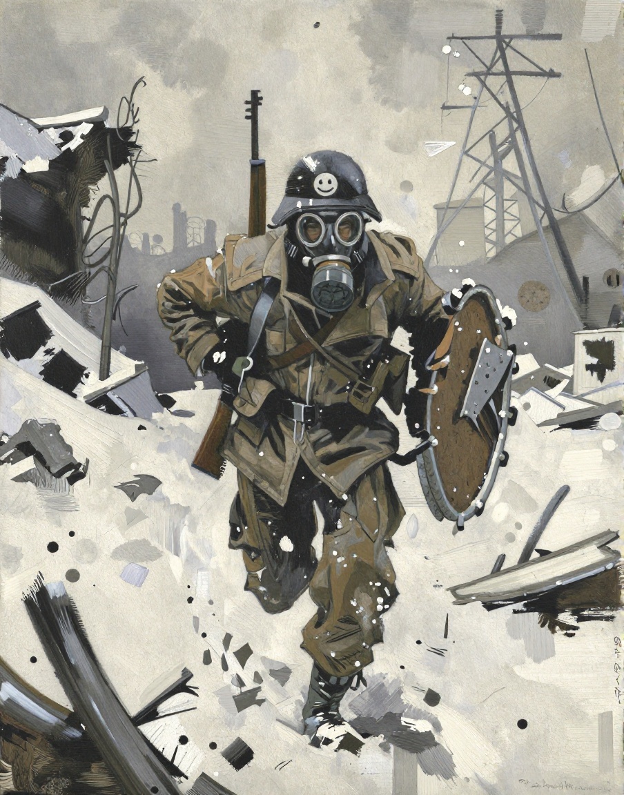 Kaljedef art style: A gritty,  textured oil painting depicting a lone soldier in heavy winter gear sprinting through deep...
