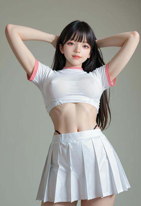(masterpiece, best quality, ultra high res), (photorealistic, realistic skin texture, subtle skin details, soft lighting, natural skin), realistic, professional photo, 8k, uhd, absurdres, aesthetic, very aesthetic, gorgeous, high quality, low saturation, filmic tone, soft contrast, DSLR style, natural skin reflection,detailed anatomy, detailed background, detailed skin texture, matte skin, unretouched look, healthy skin tone, soft focus, skinny, thin, realistic proportions, Luxurious, full_view, full body, slender body,BREAK,fair-skinned, (korean girl), (perfect face), [(detailed face:1.2):0.2], 1girl, beautiful young Korean girl, (Very Cute & Girly), gentle expression, (big and drooping eyes:1.3), full_view, Very short super slender whole body, delicate and pale skin, small_hip, thin_body, (short torso, narrow_waist,naturally sagging breasts), (sexually_suggestive),((short sleeves, white shirt, white pleated_skirt)), unbuttoned, (highleg panties), wide shot, cowboy shot, (from_below:2), light smile, ((simple background)),