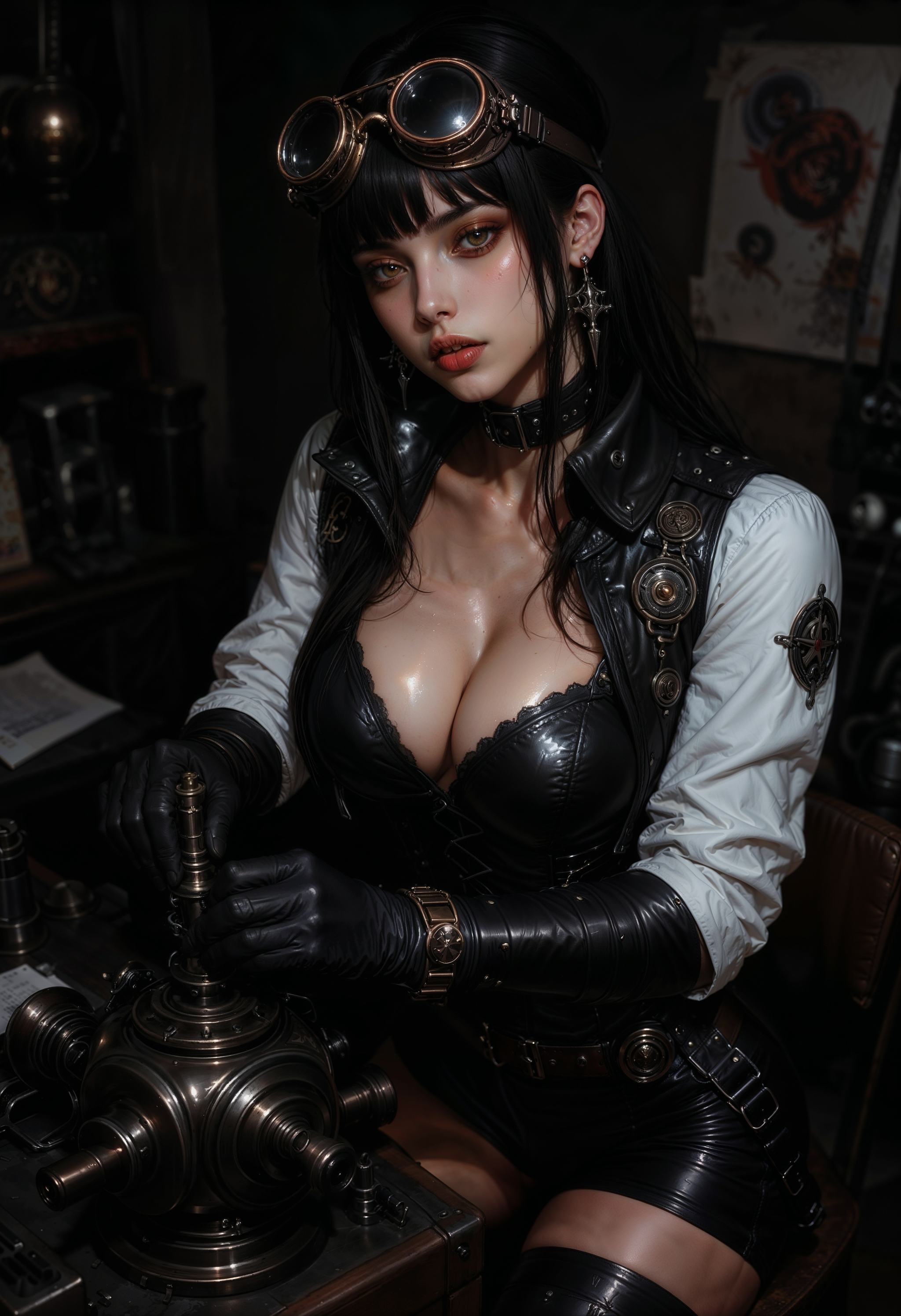 A sultry steampunk heroine,  her bronze goggles perched atop a forehead,  her body glistening with sweat on Tensor.Art